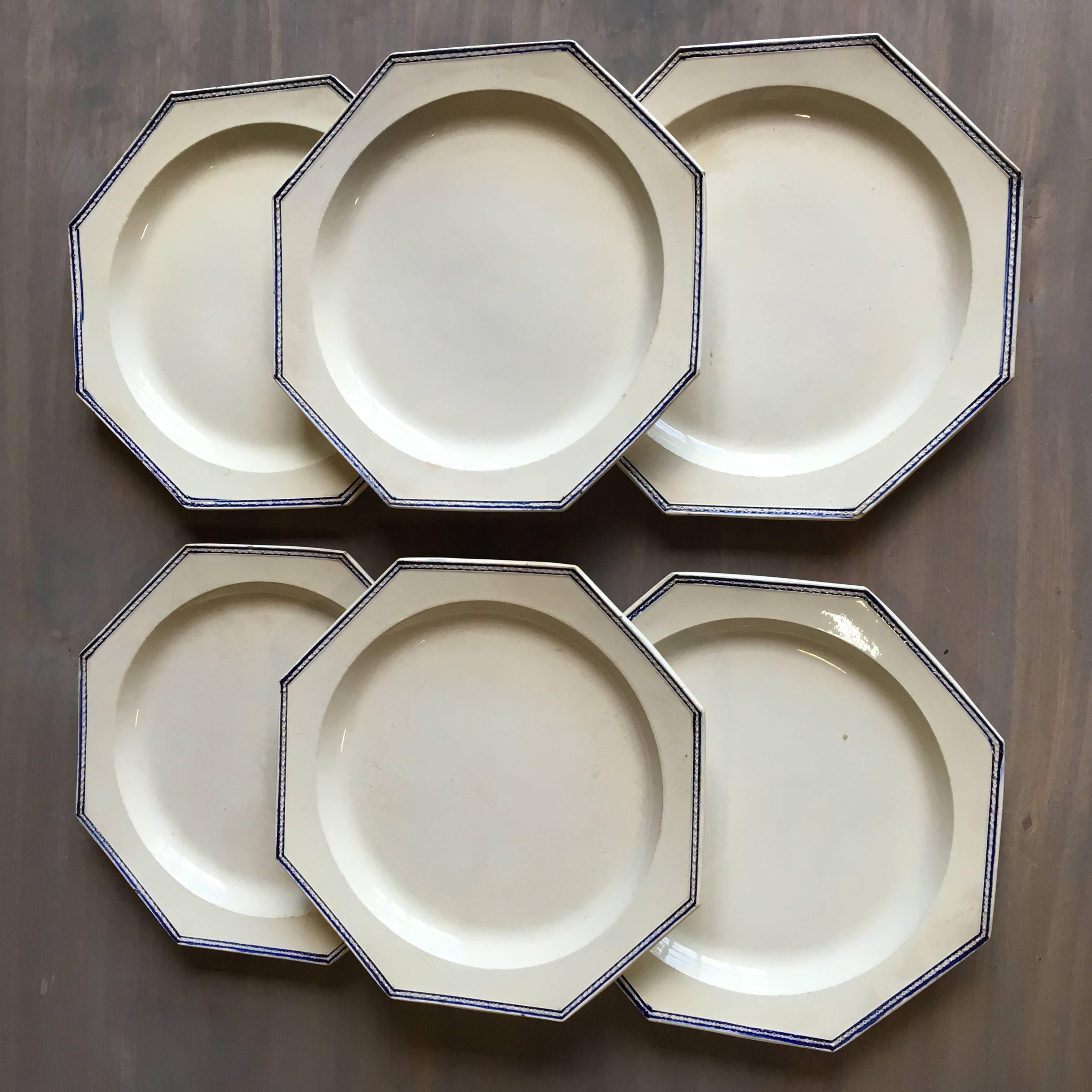 A rare set of six Creil octagonal plates with blue trim, circa 1810, in great condition, stamped "Creil" on bottoms.