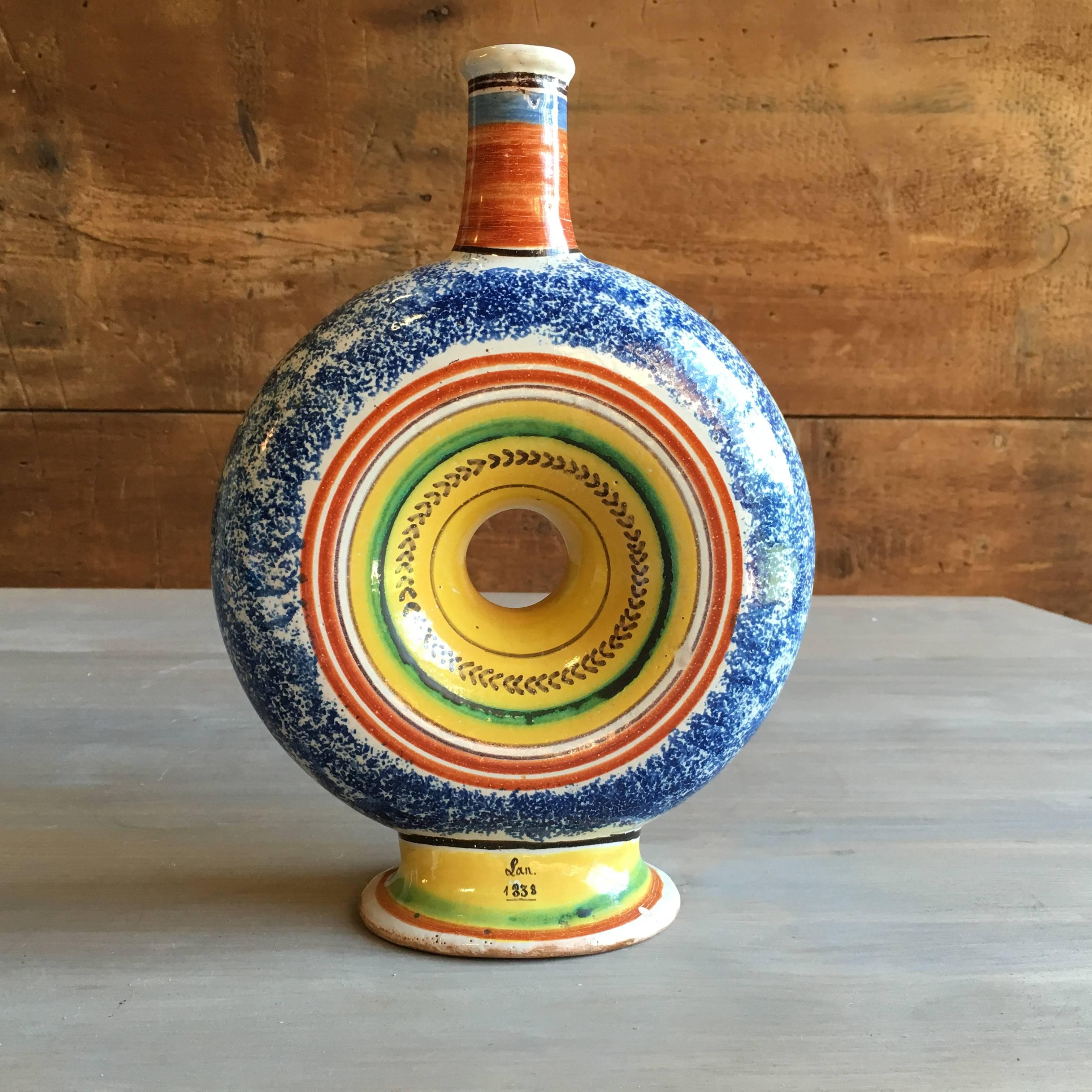 French Provincial 19th Century French Faience Bottle, Dated 1838 For Sale