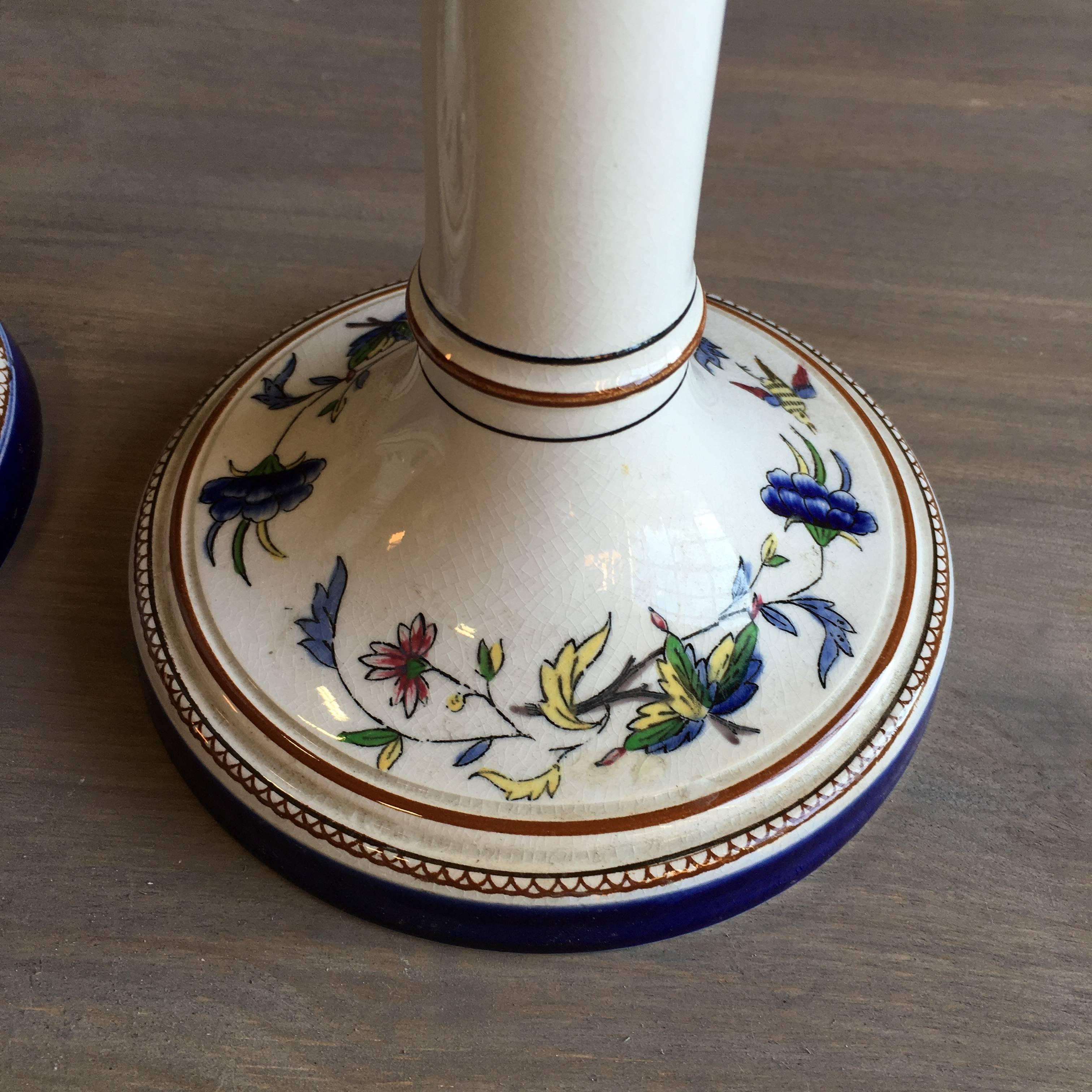 Pair of Faience Candlesticks, Rouen France In Excellent Condition In Doylestown, PA