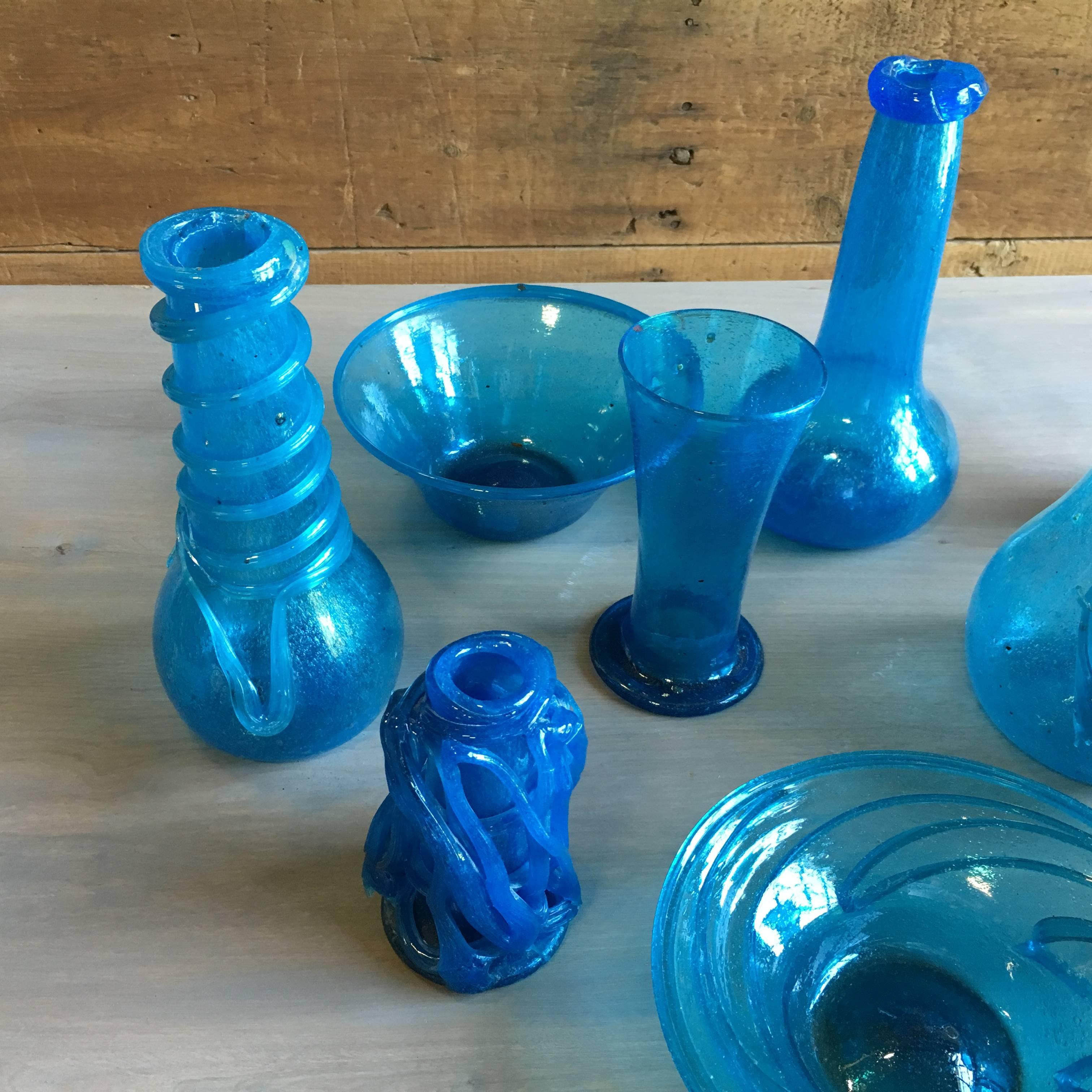 Primitive Collection of Blue Blown Glass from Afghanistan For Sale