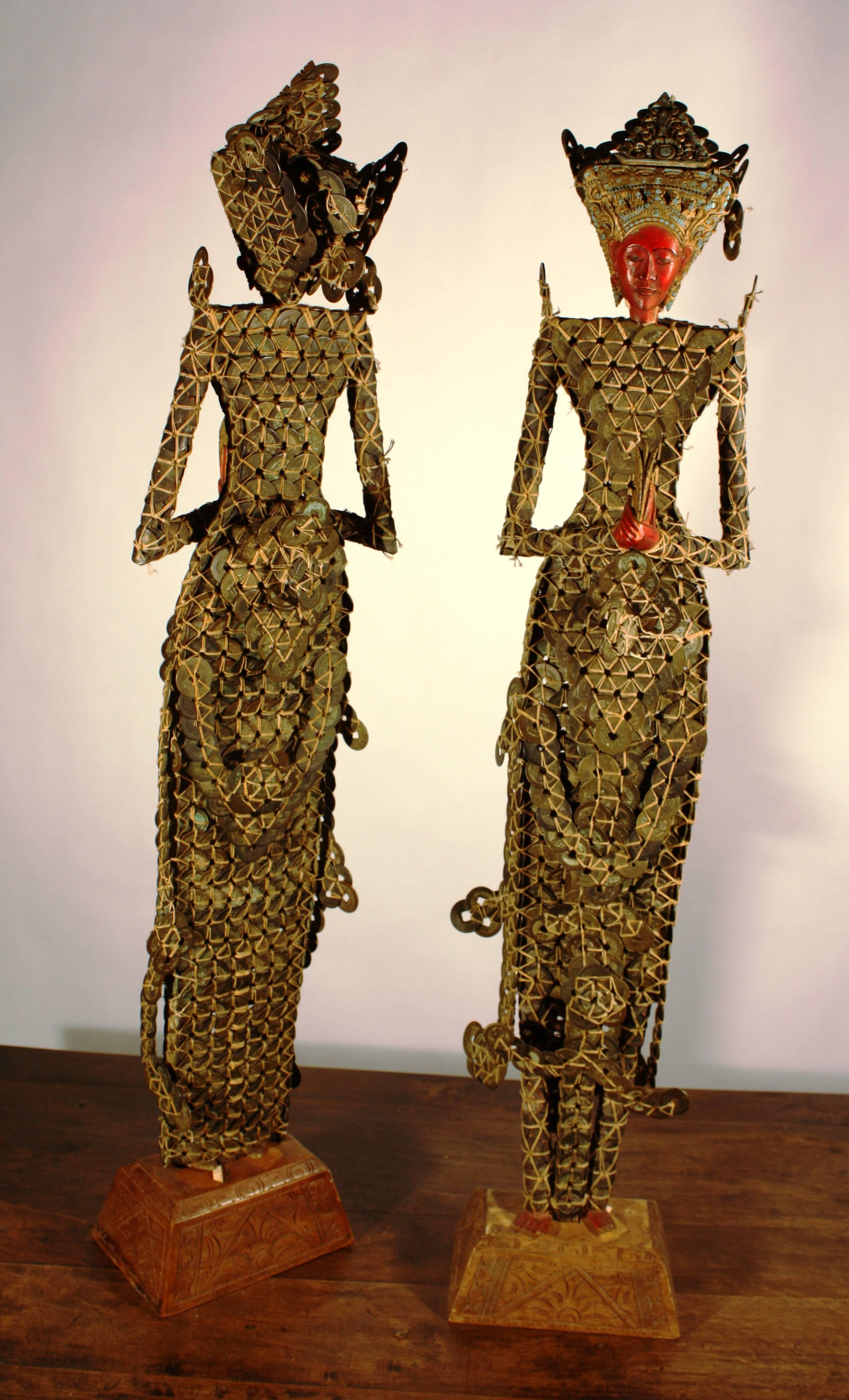 Pair of Early 20th Century Balinese Coin Dolls In Excellent Condition In Doylestown, PA