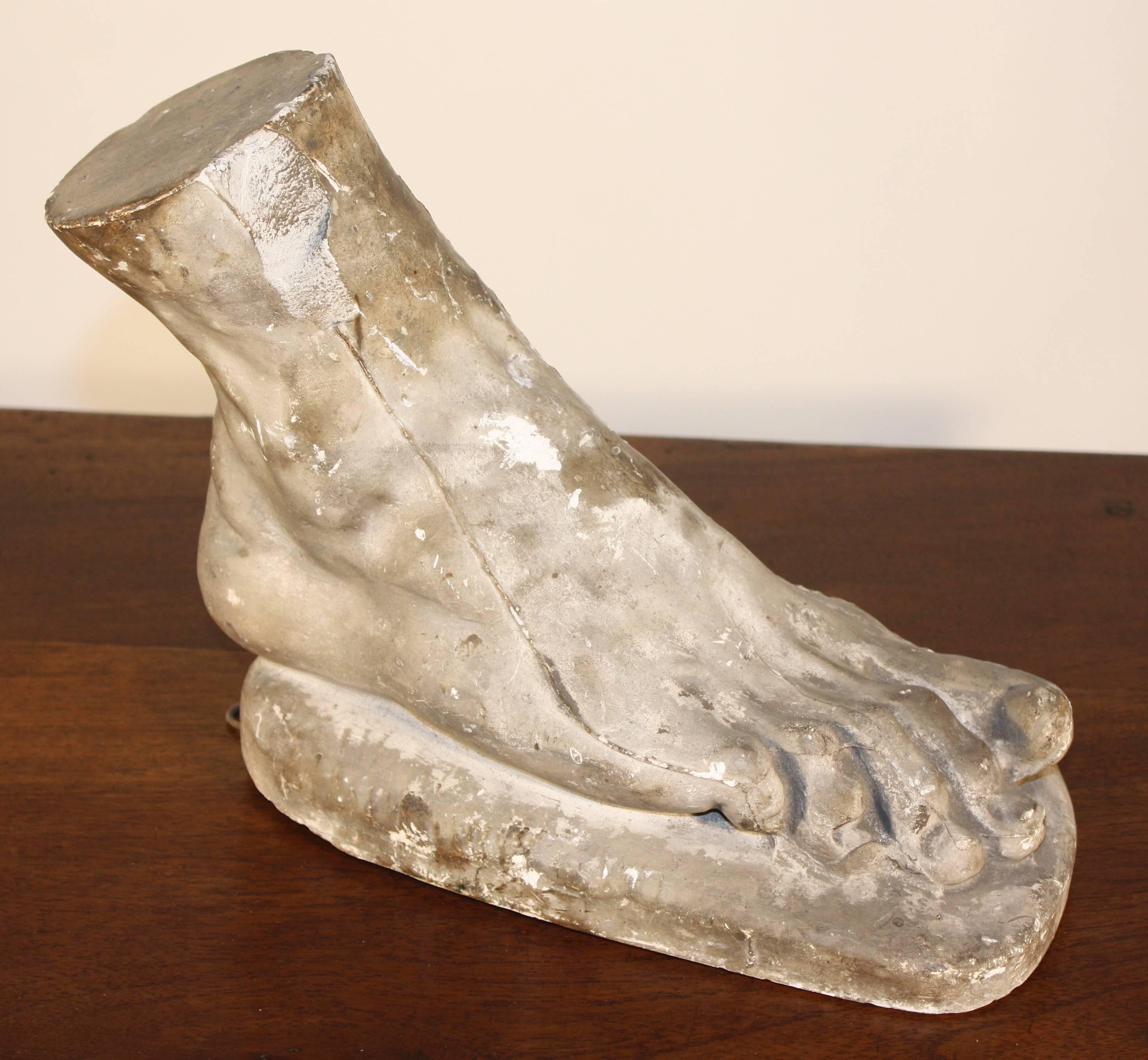 A plaster casting of a foot on a base, late 19th century.