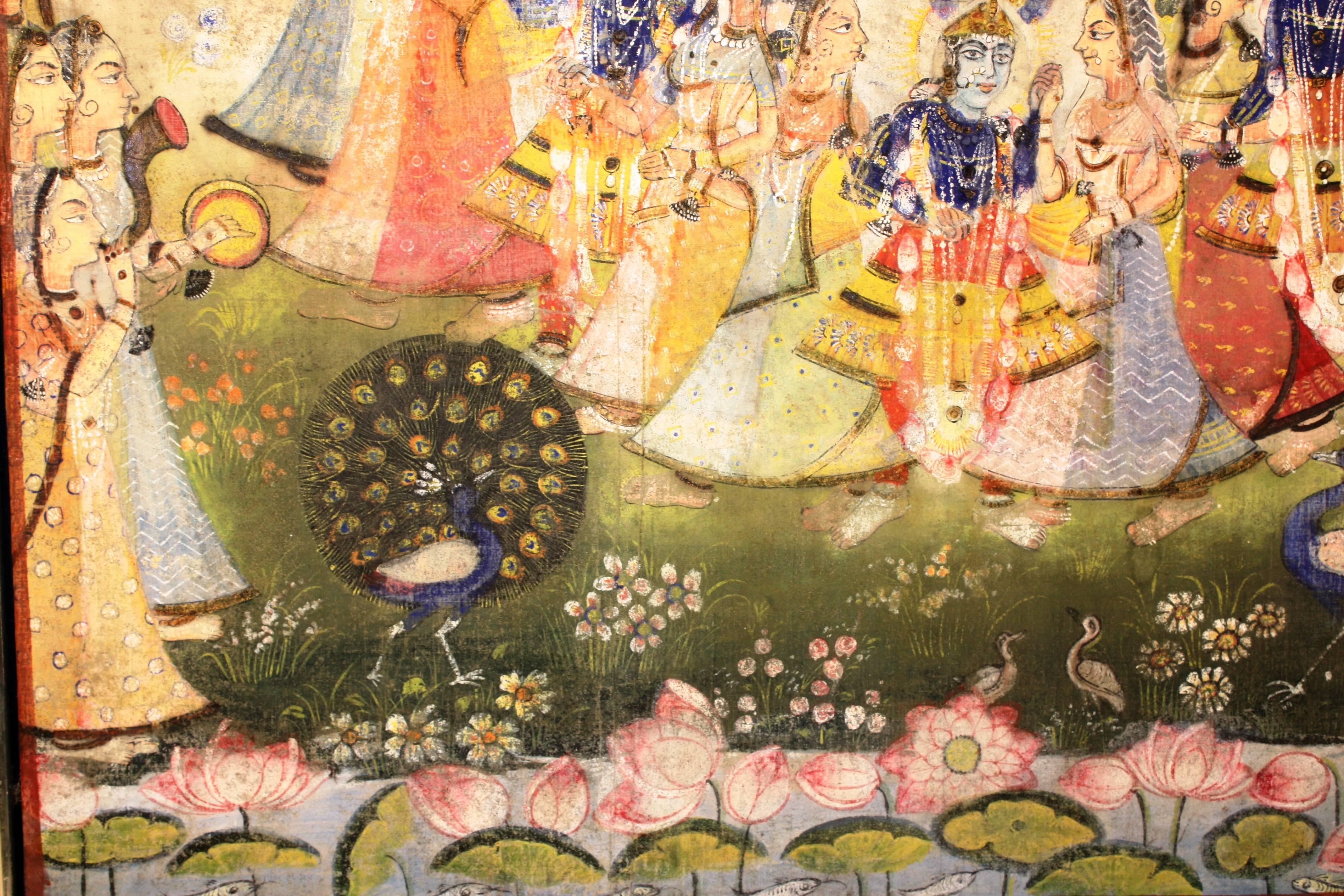 Painted Large Indian Temple Hanging On Silk (Pichwai or Pichhavai)