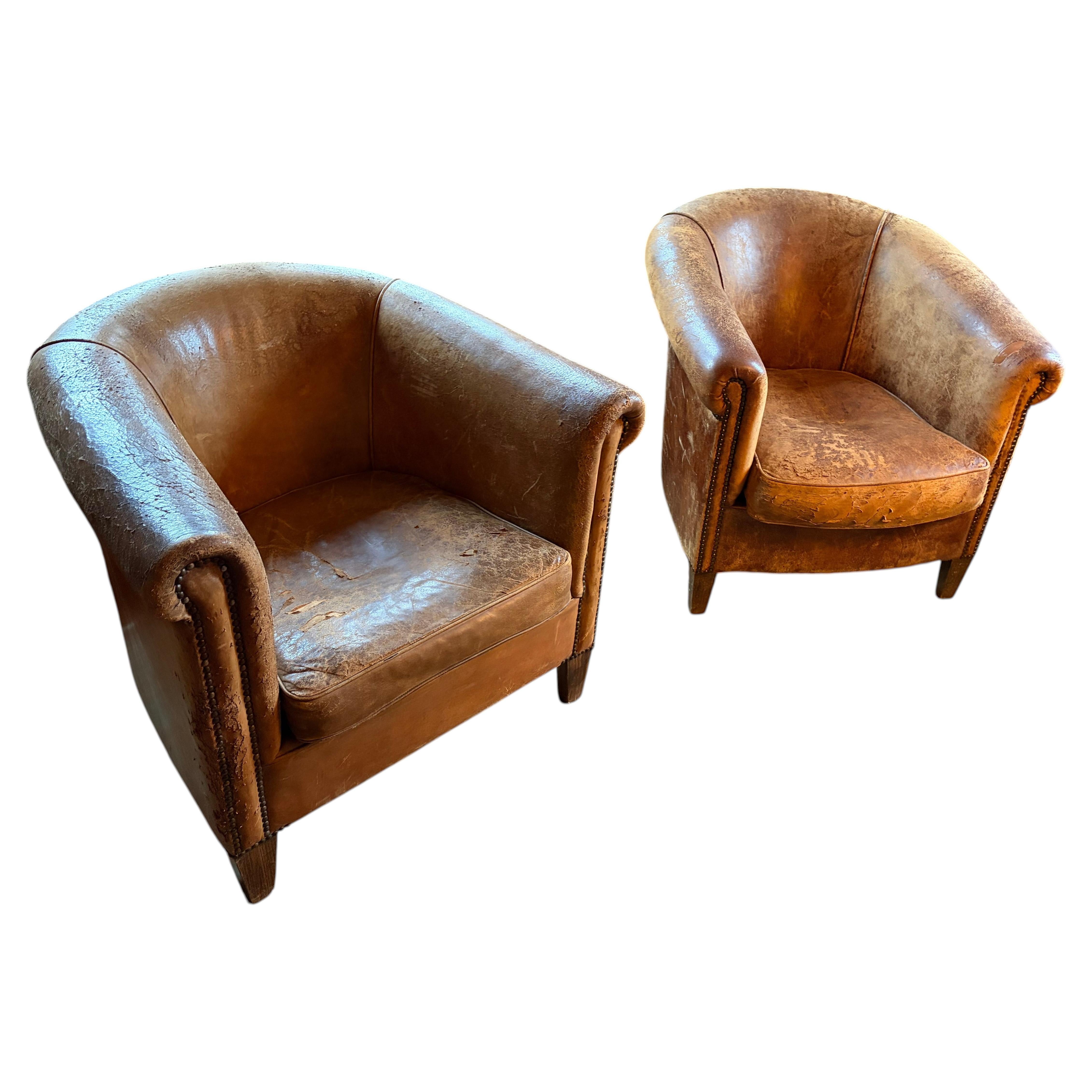 Matched Pair of French Leather Club Chairs, Circa 1930