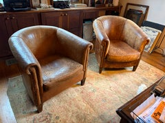 Matched Pair of French Leather Club Chairs, Circa 1930