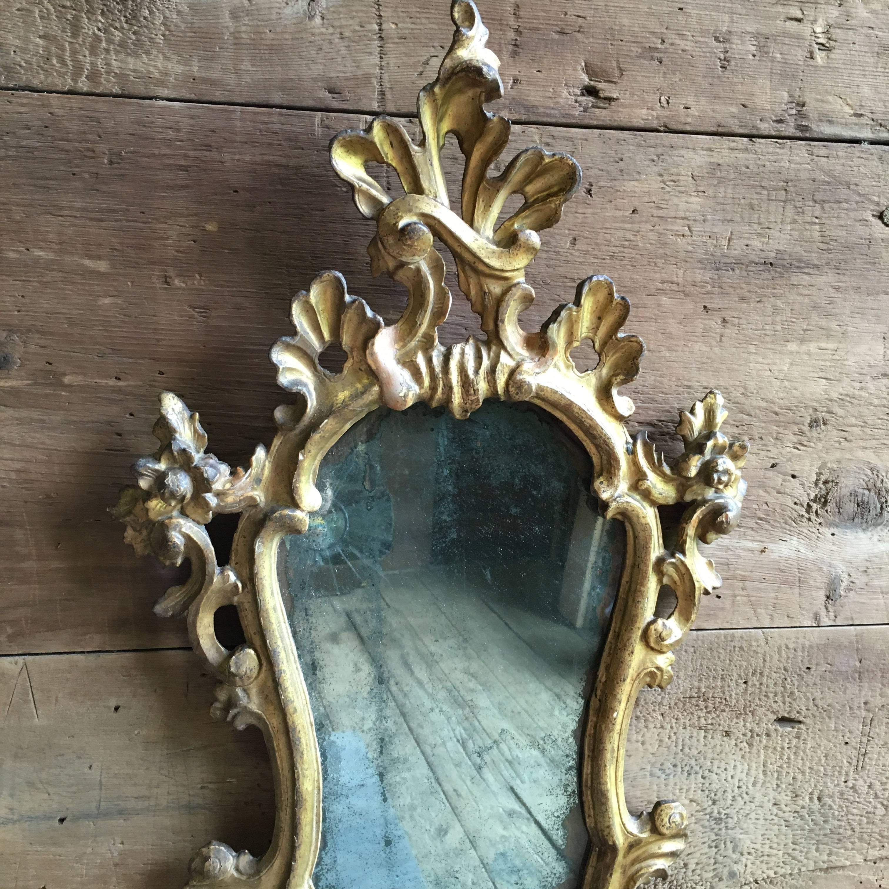 A rare and unusual Italian Baroque period mirror, early 18th century in giltwood with the original mercury glass plate and wood backing.