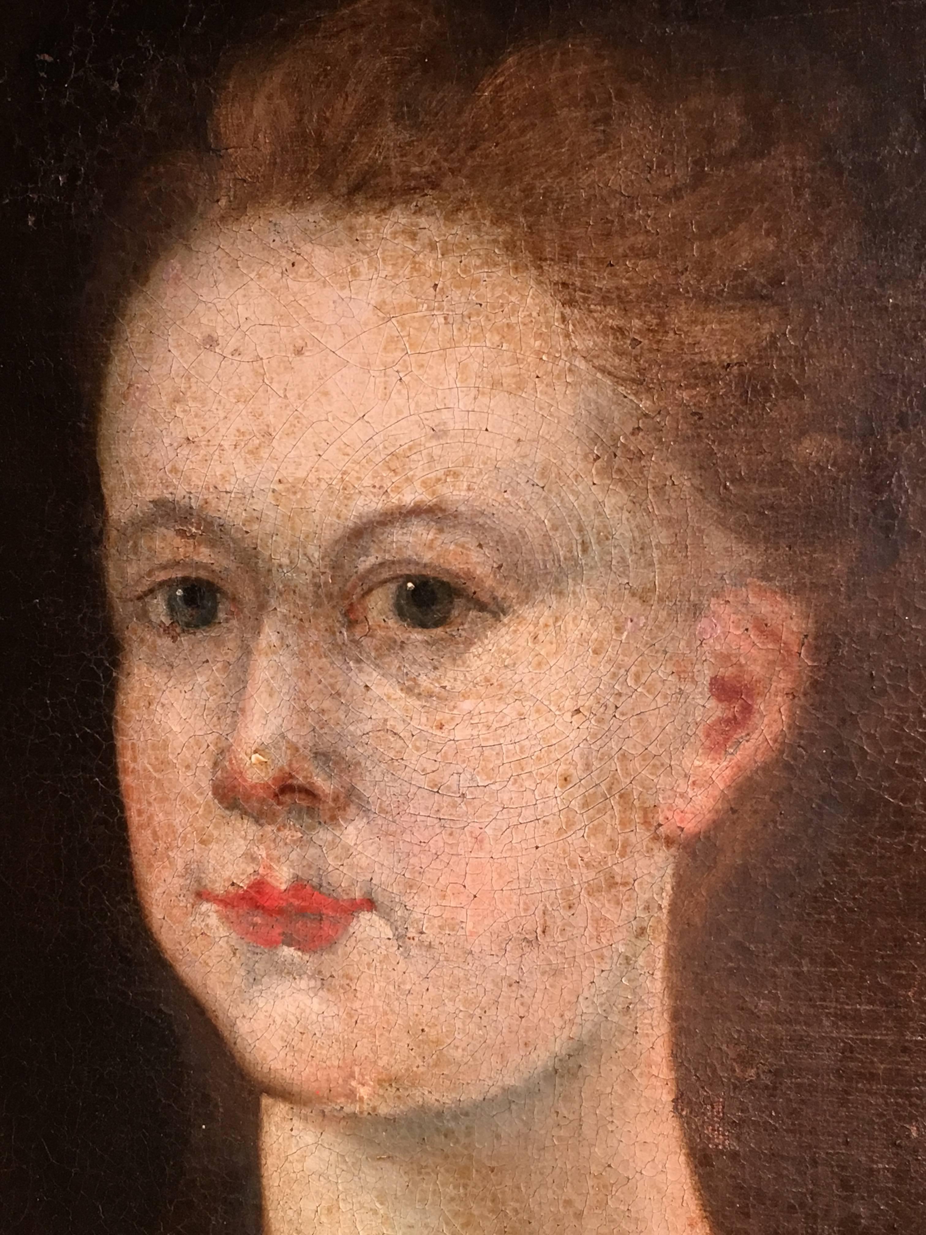 Painted 18th Century Portrait of a Girl with Flower