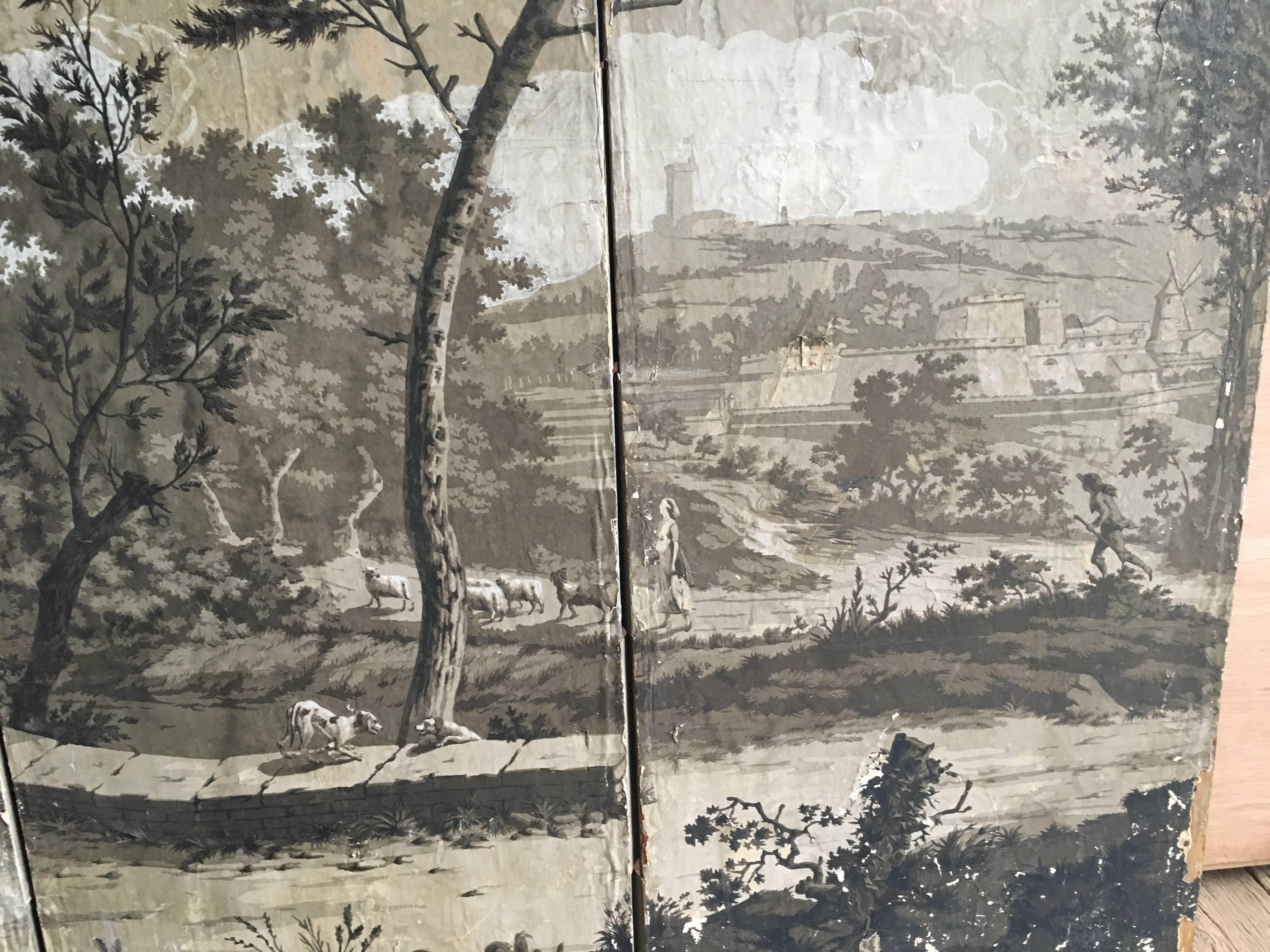 Neoclassical Rare Four Panel French Grisaille Wallpaper Screen, circa 1810