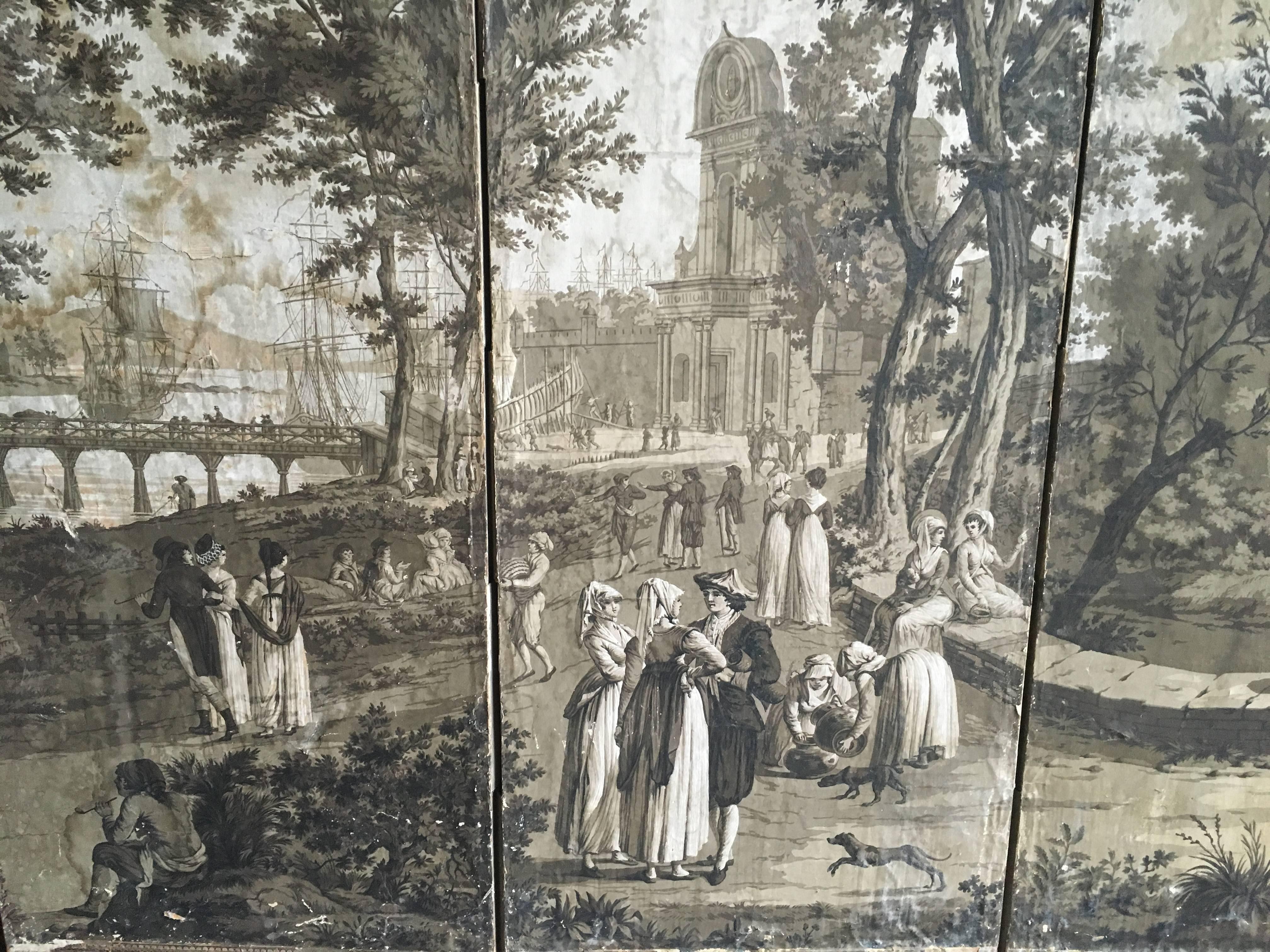 An early 19th century four panel French wallpaper screen from the series "Ports de France" by Joseph Dufour et Cie, Paris.
Designed by Jean-Gabriel Charvet (1750-1829).
Original edition 1810-1815 Block printed Grisaille.

Joseph Dufour