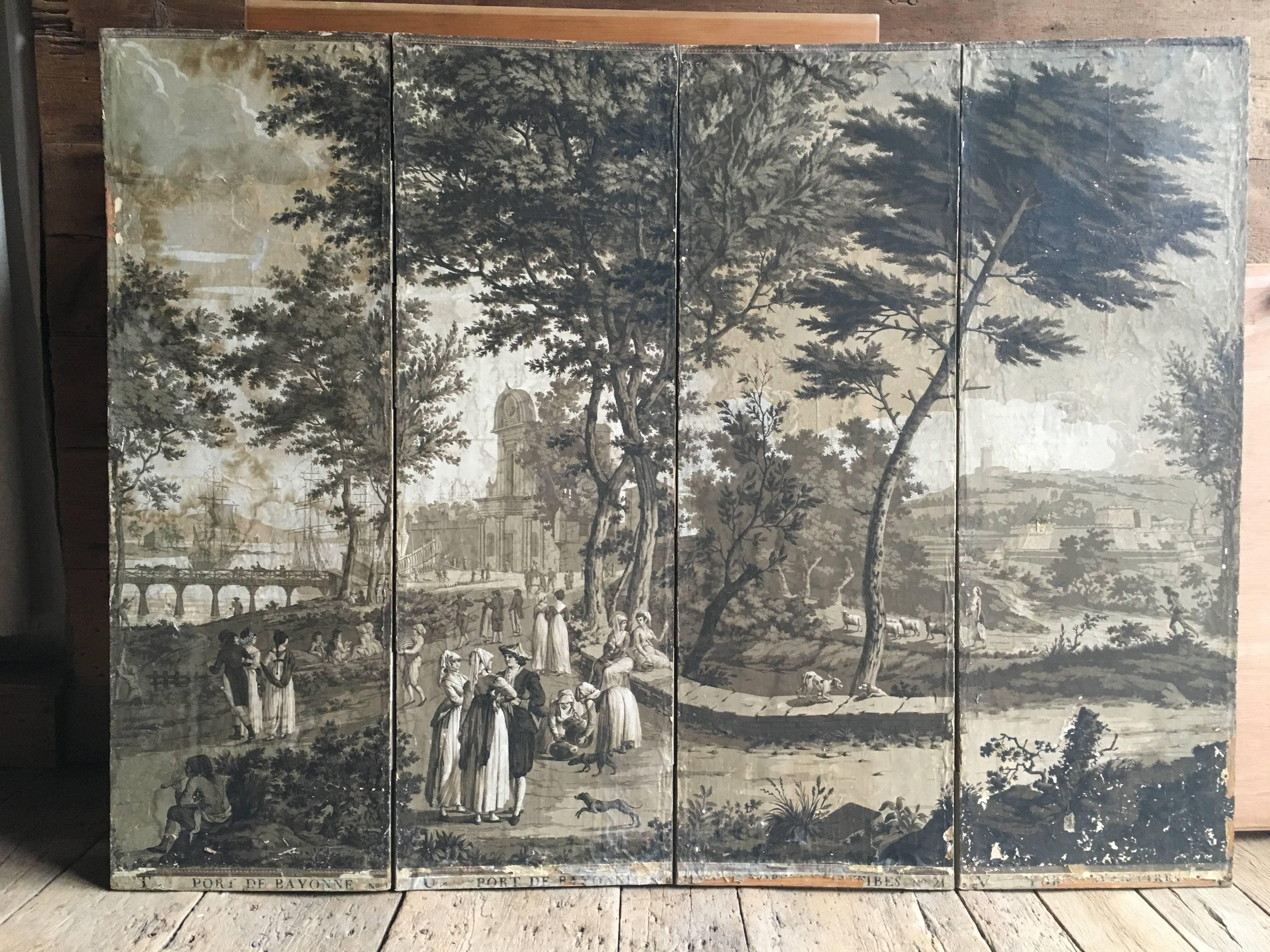 Rare Four Panel French Grisaille Wallpaper Screen, circa 1810 1