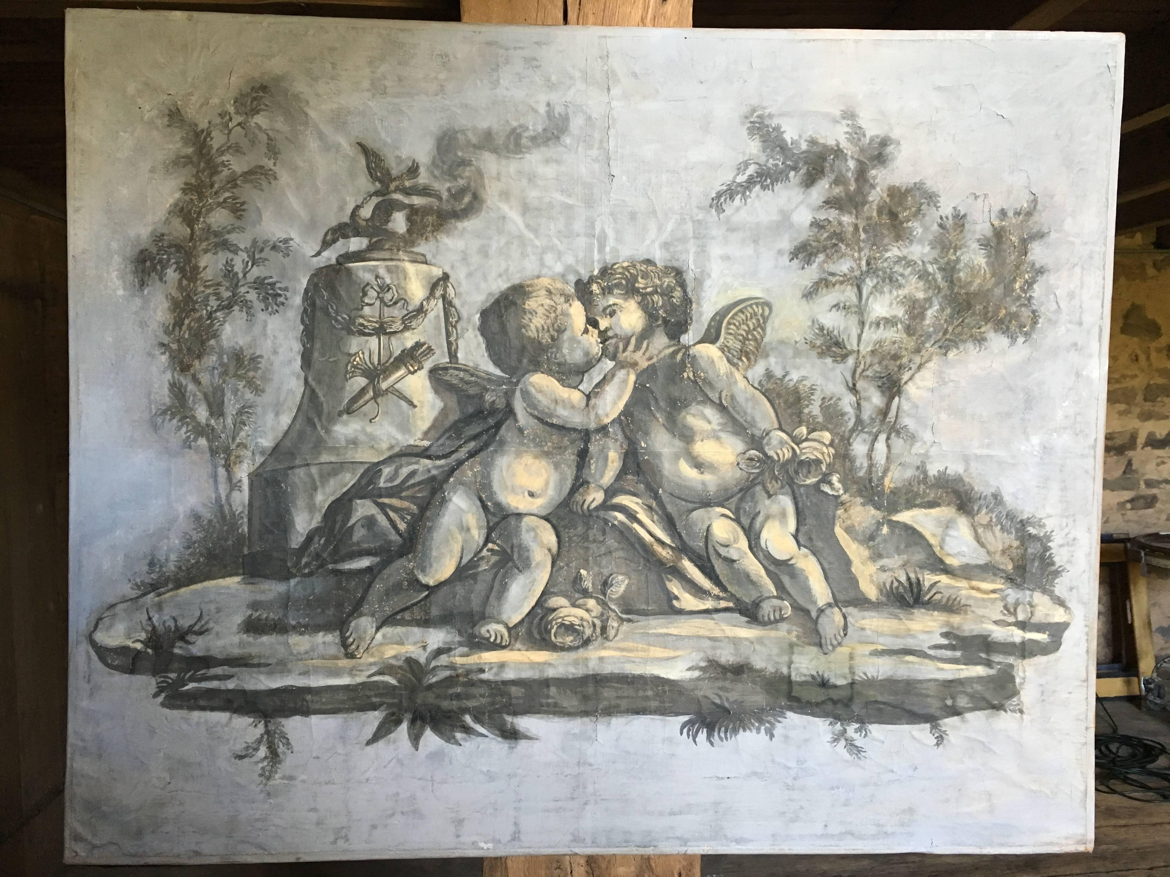 A grisaille painted wallpaper panel of two kissing cherubs in a classical landscape, circa 1780, France. Probably was a panel above a door or mirror.