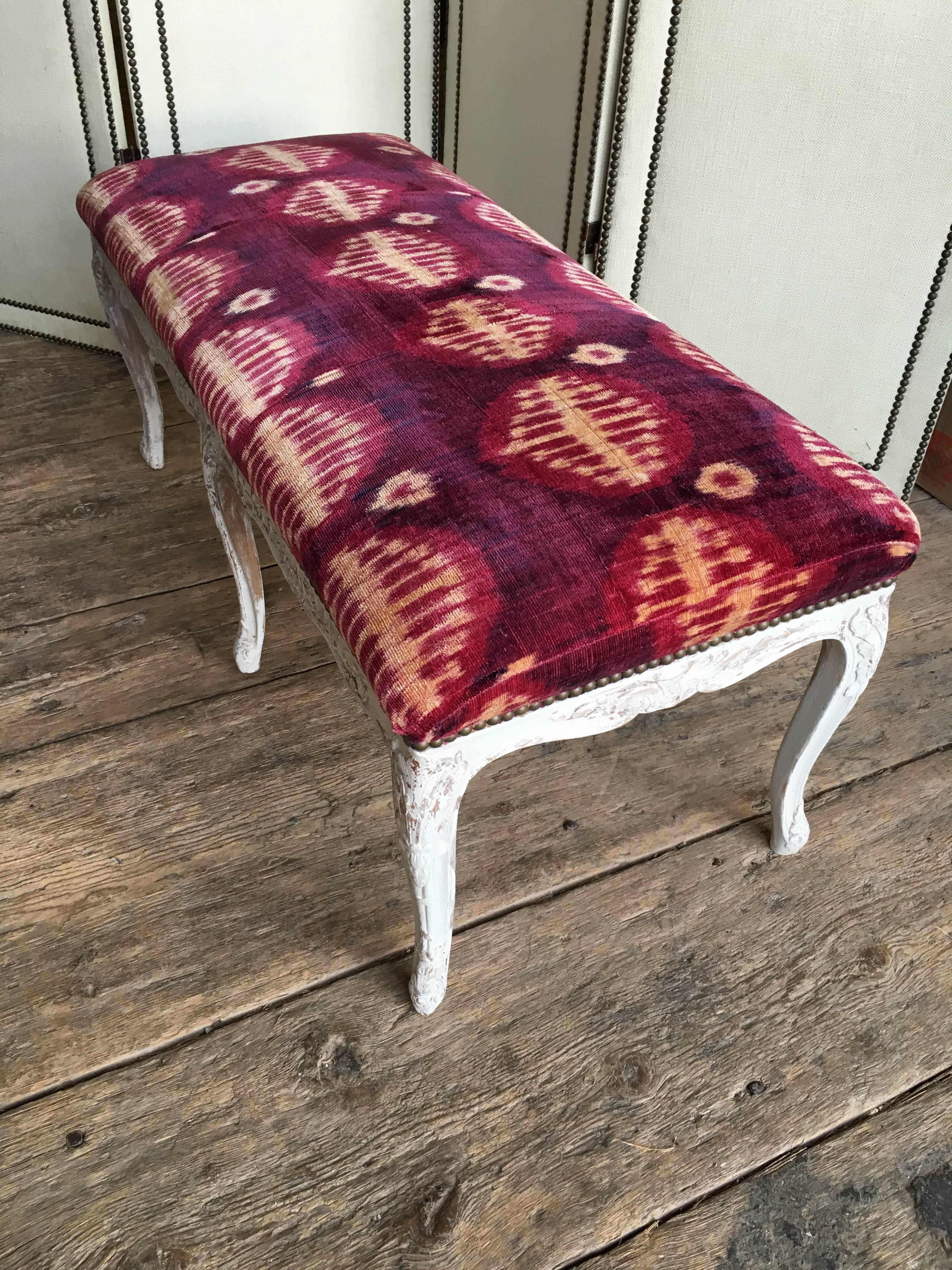 Louis XV Carved and Painted Bench, Silk Velvet Upholstery 1