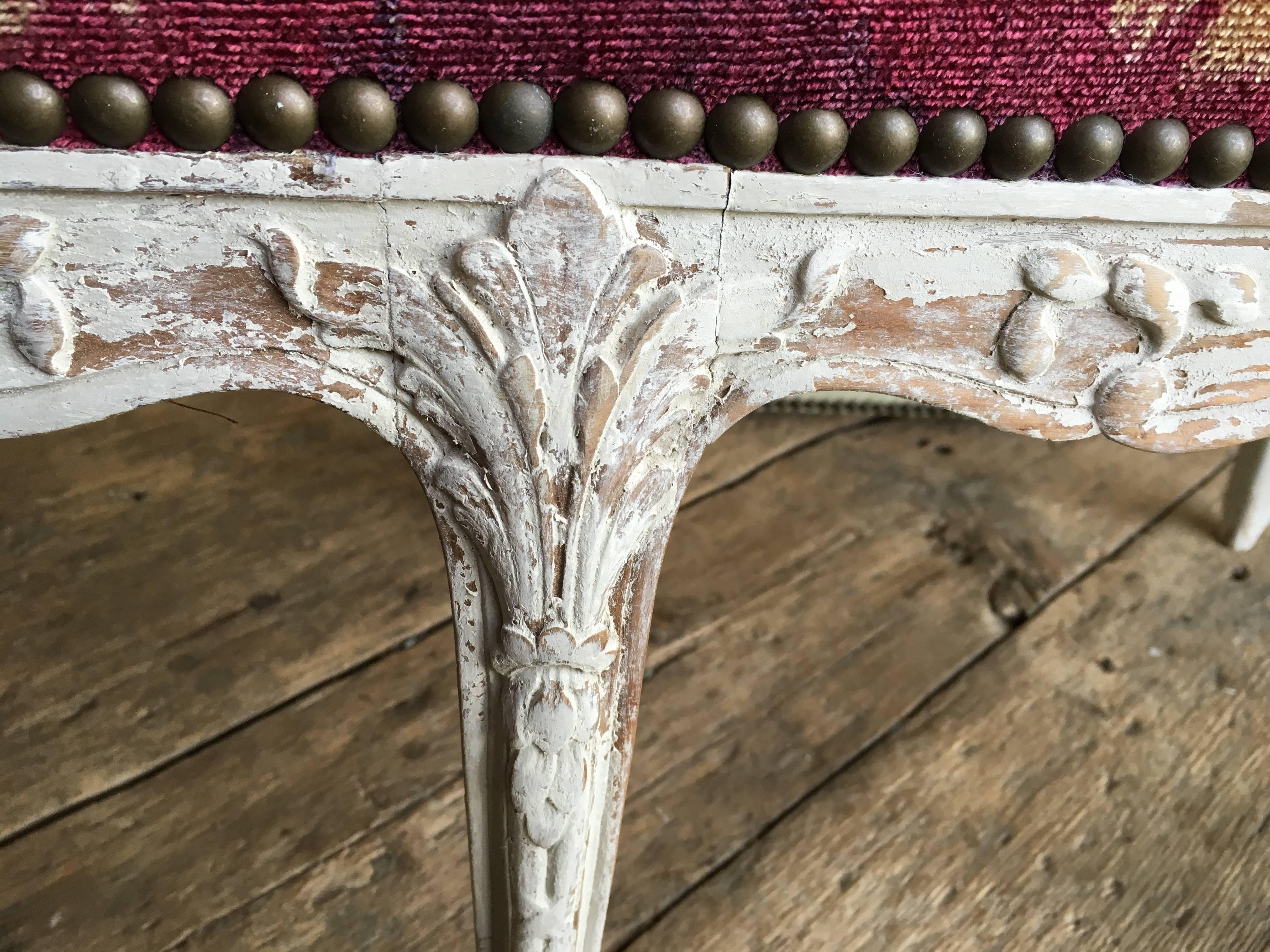 French Louis XV Carved and Painted Bench, Silk Velvet Upholstery