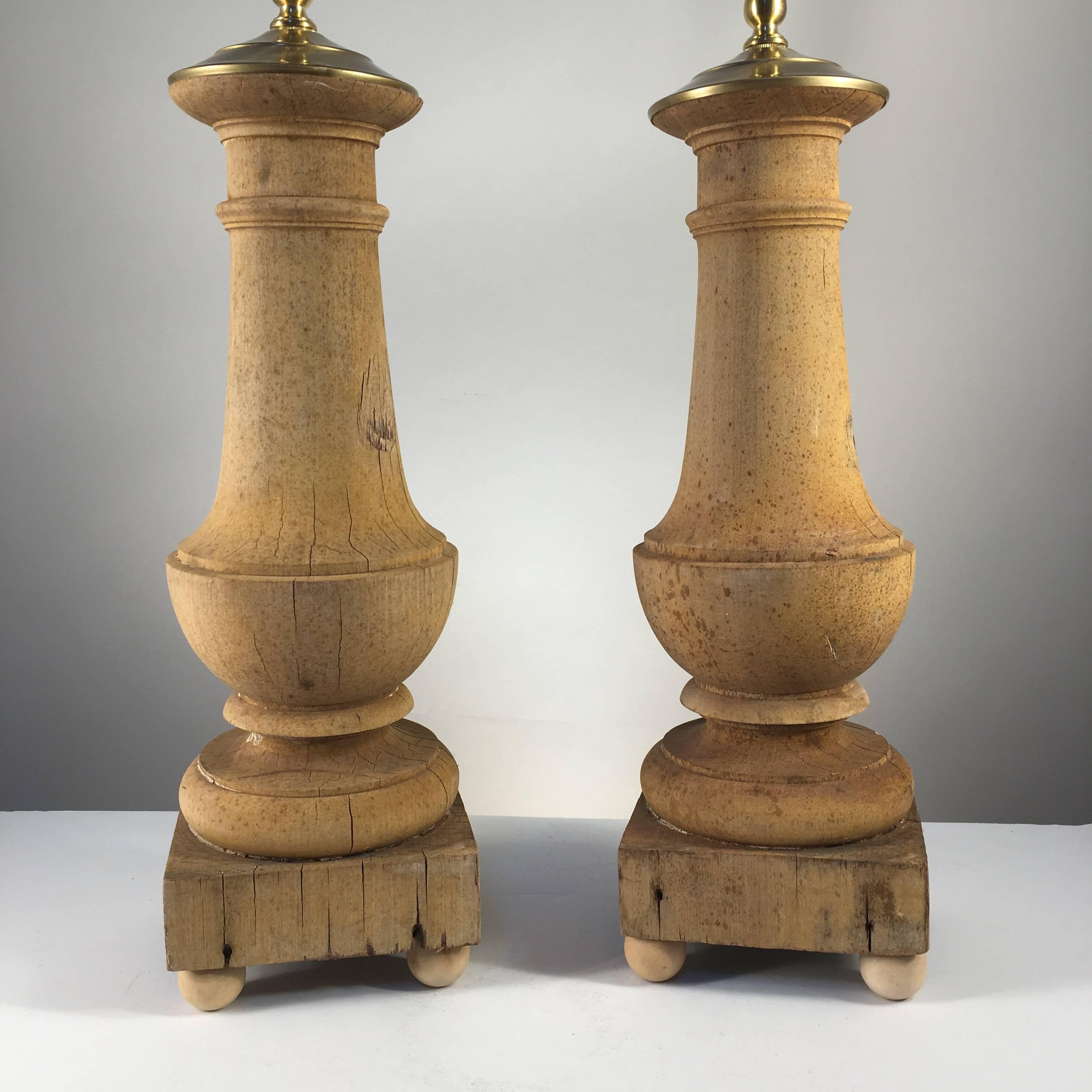 Turned Pair of Pine Baluster Lamps, 19th Century