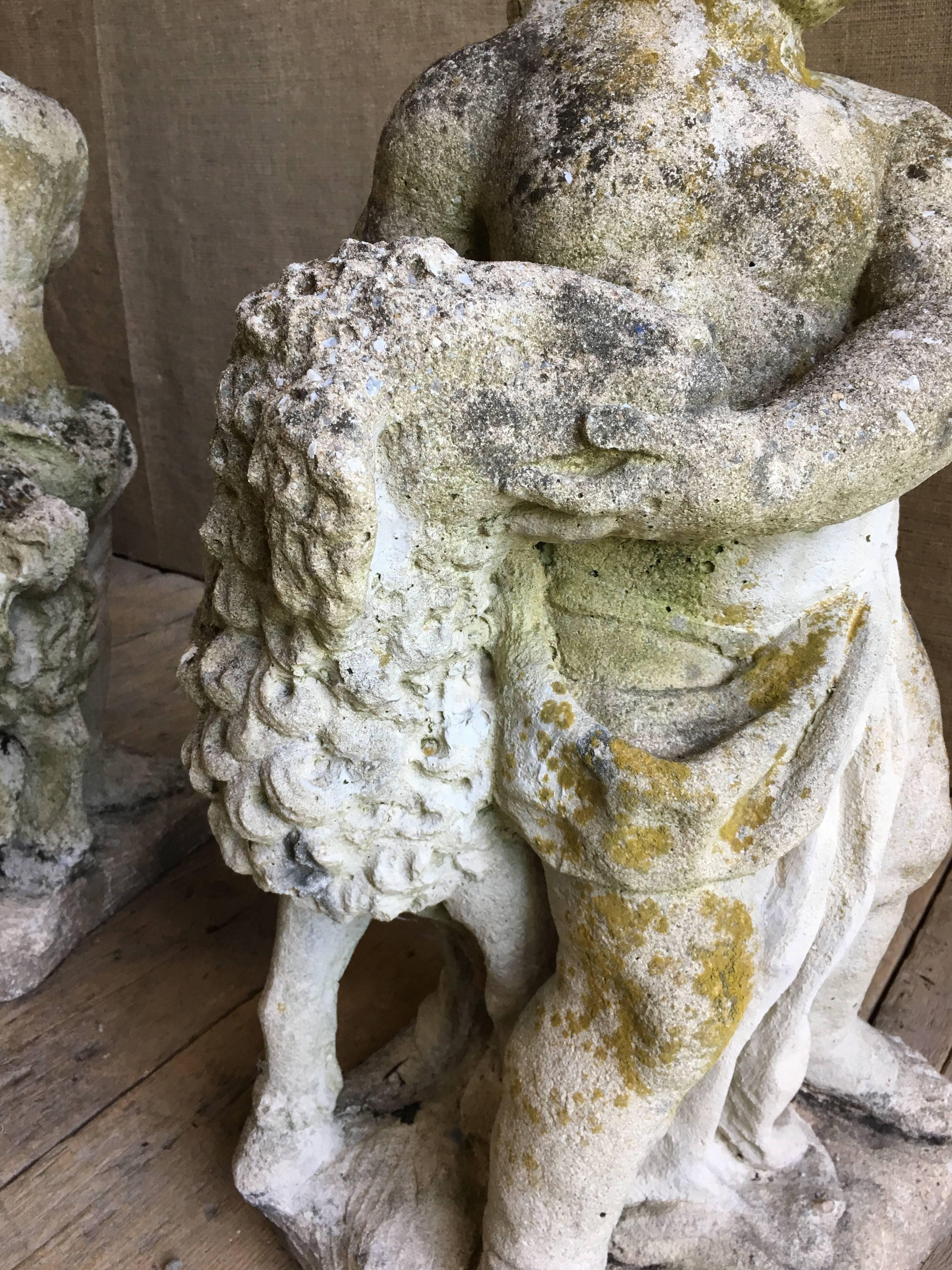 Romantic Pair of Putti Garden Statues with Lambs