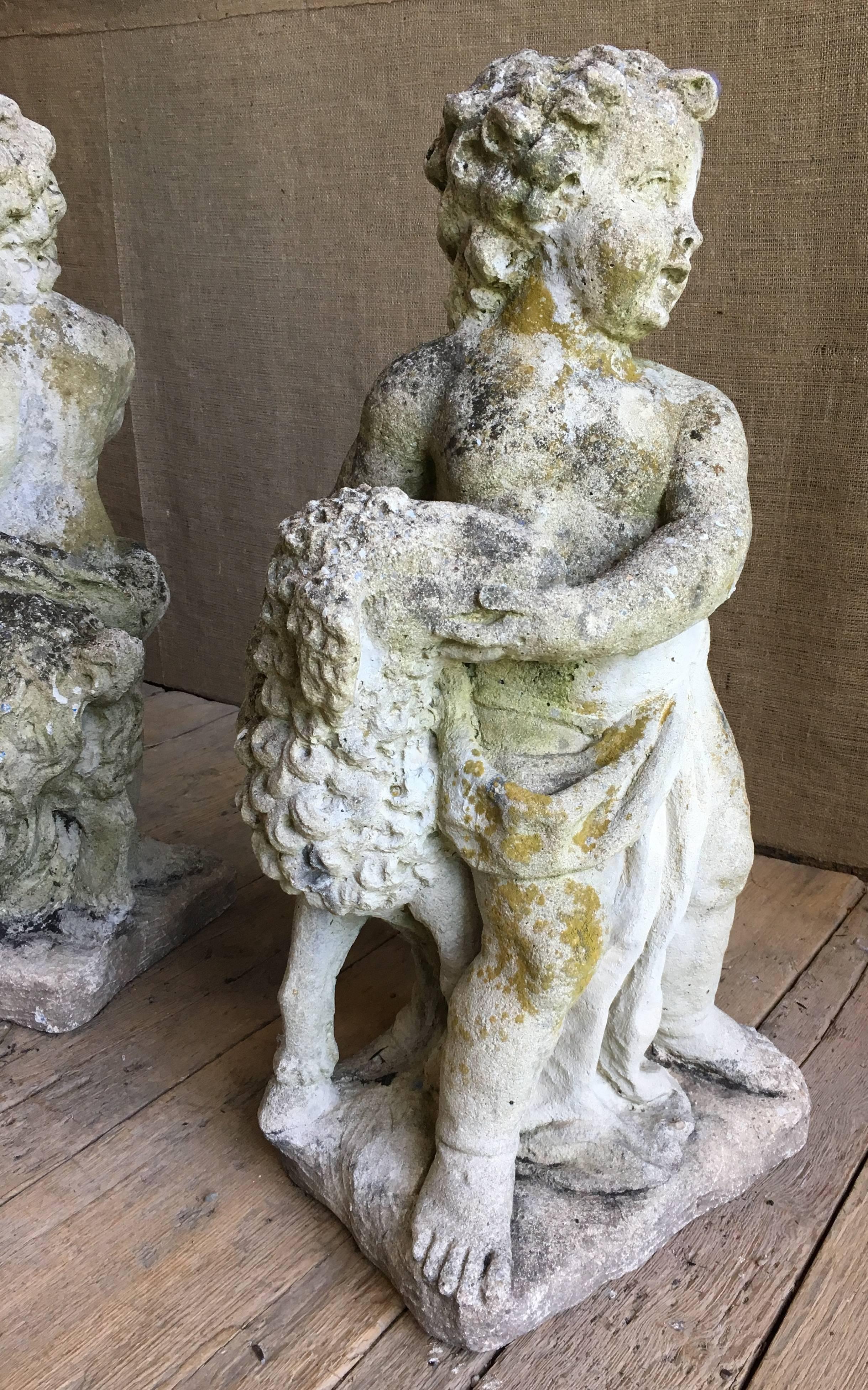 French Pair of Putti Garden Statues with Lambs