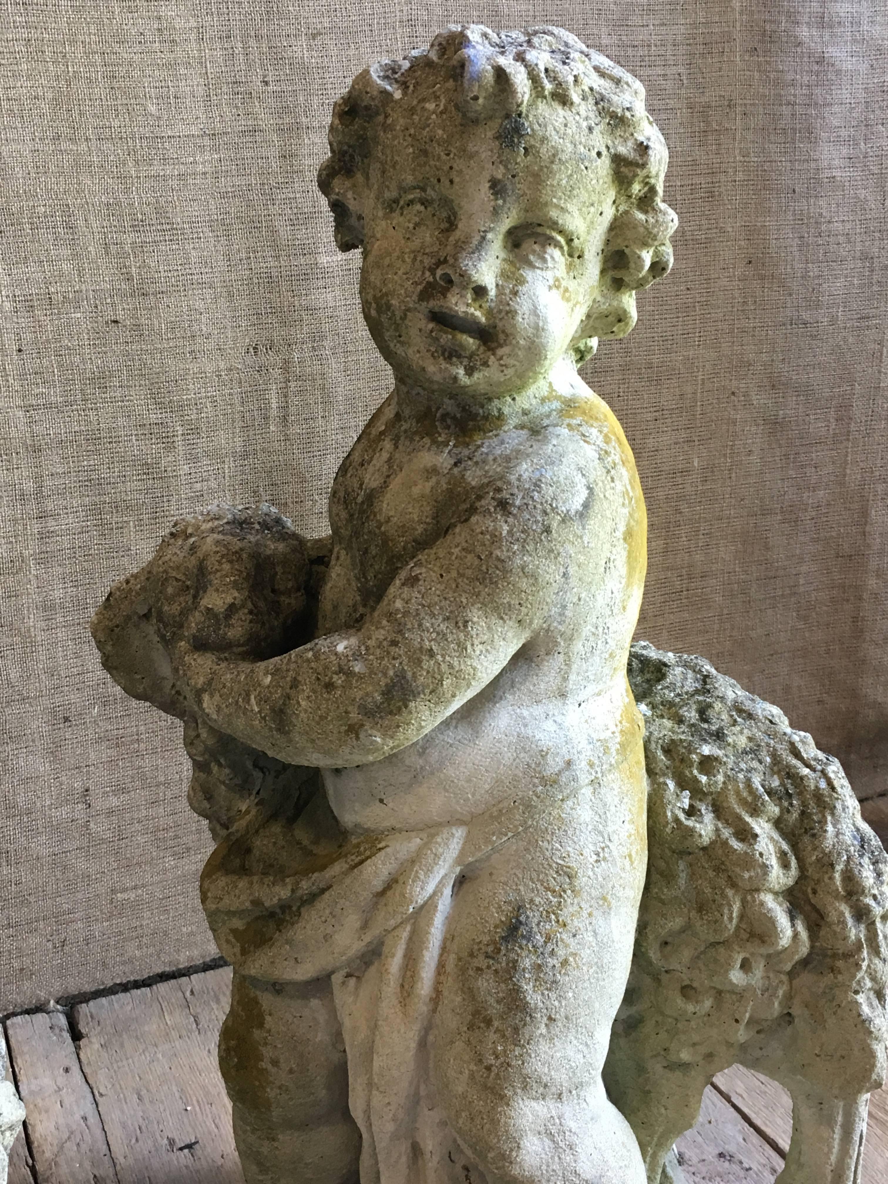 20th Century Pair of Putti Garden Statues with Lambs