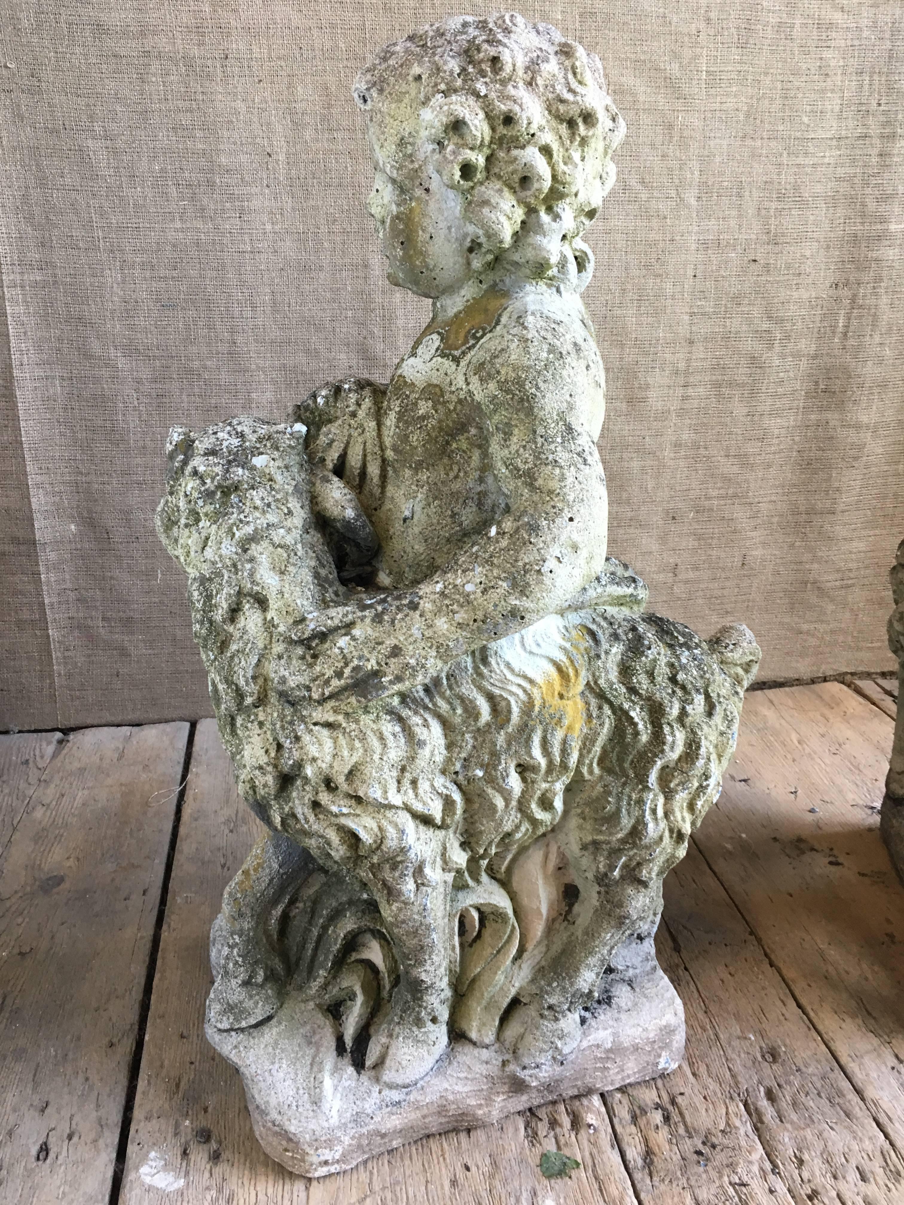 Cast Stone Pair of Putti Garden Statues with Lambs