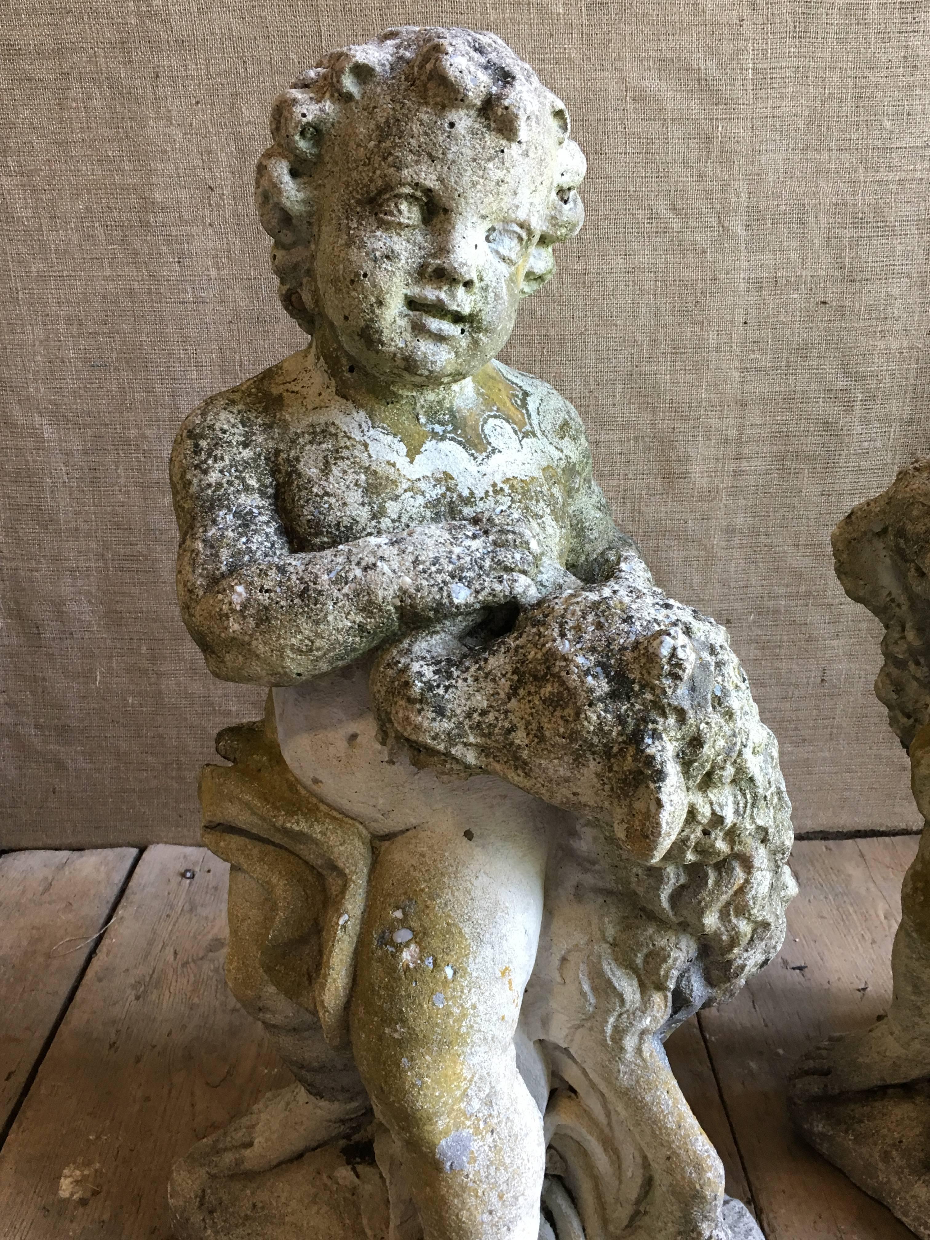 Pair of Putti Garden Statues with Lambs 1