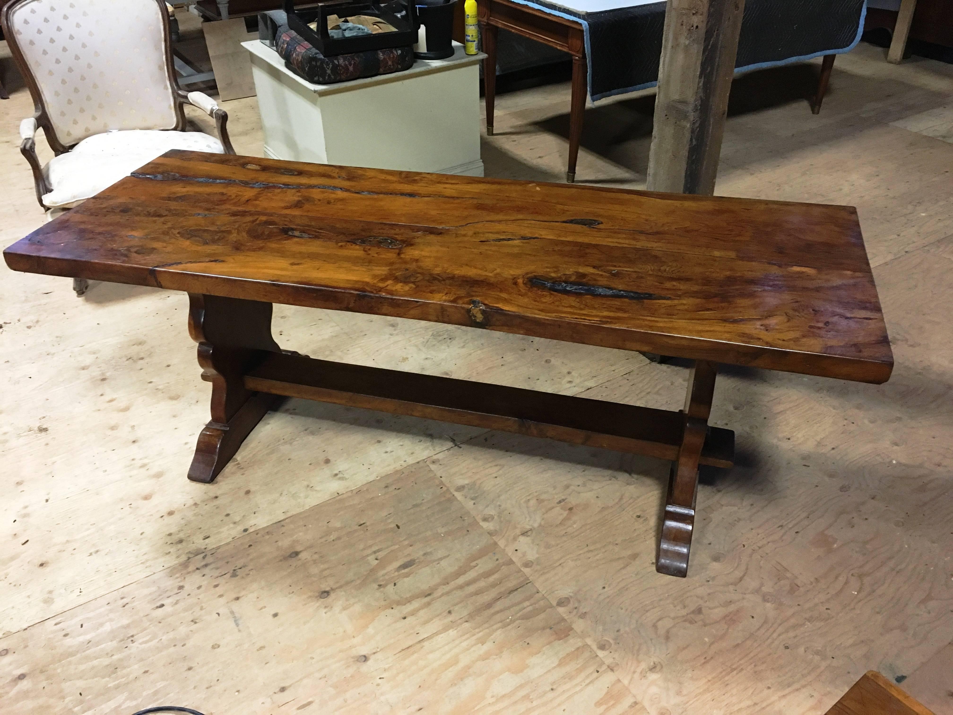 English Yew Wood Slab-Top Trestle Table
