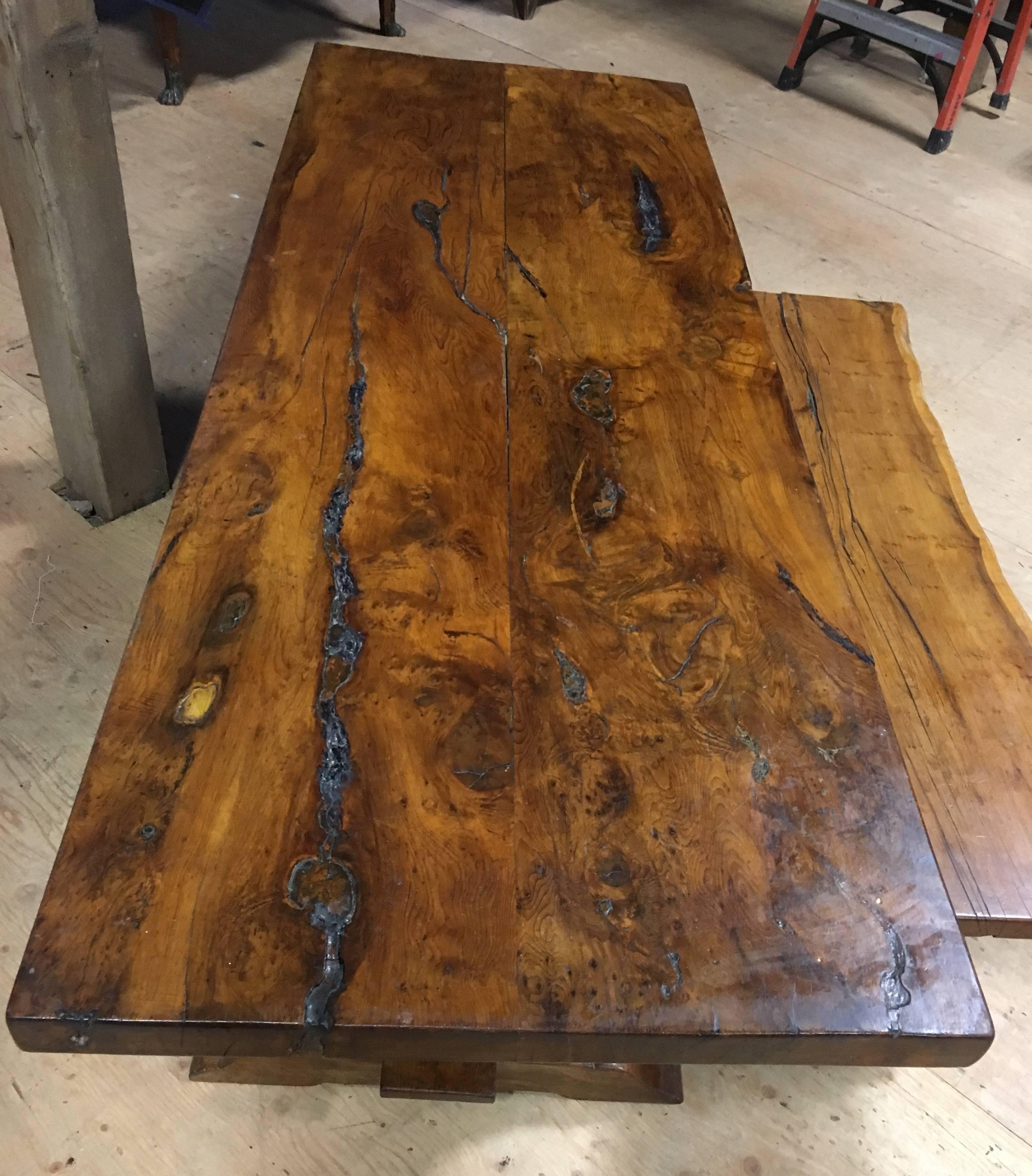 Yew Wood Slab-Top Trestle Table In Good Condition In Doylestown, PA