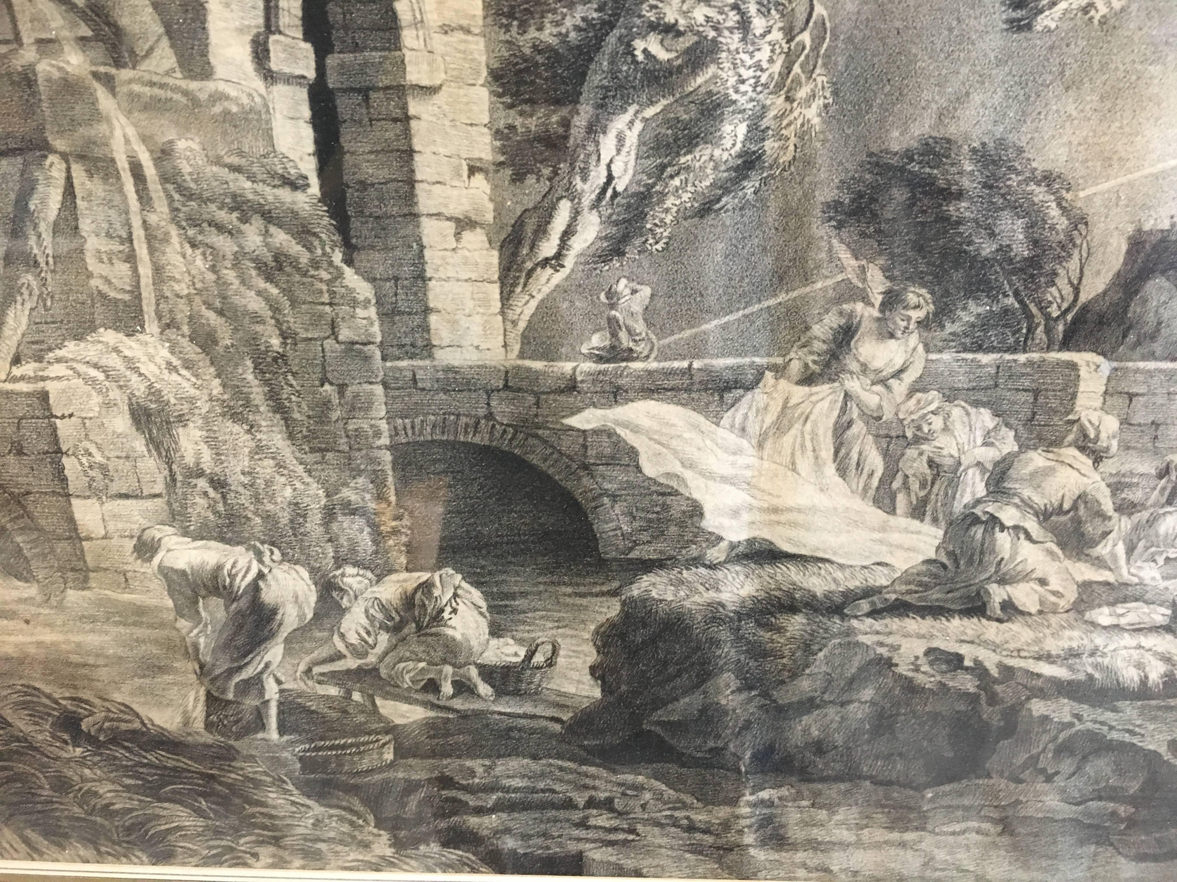 A late 18th century Louis XVI period engraving of washer-women at a mill, circa 1780, unsigned, under glass in a period Louis XVI giltwood frame.