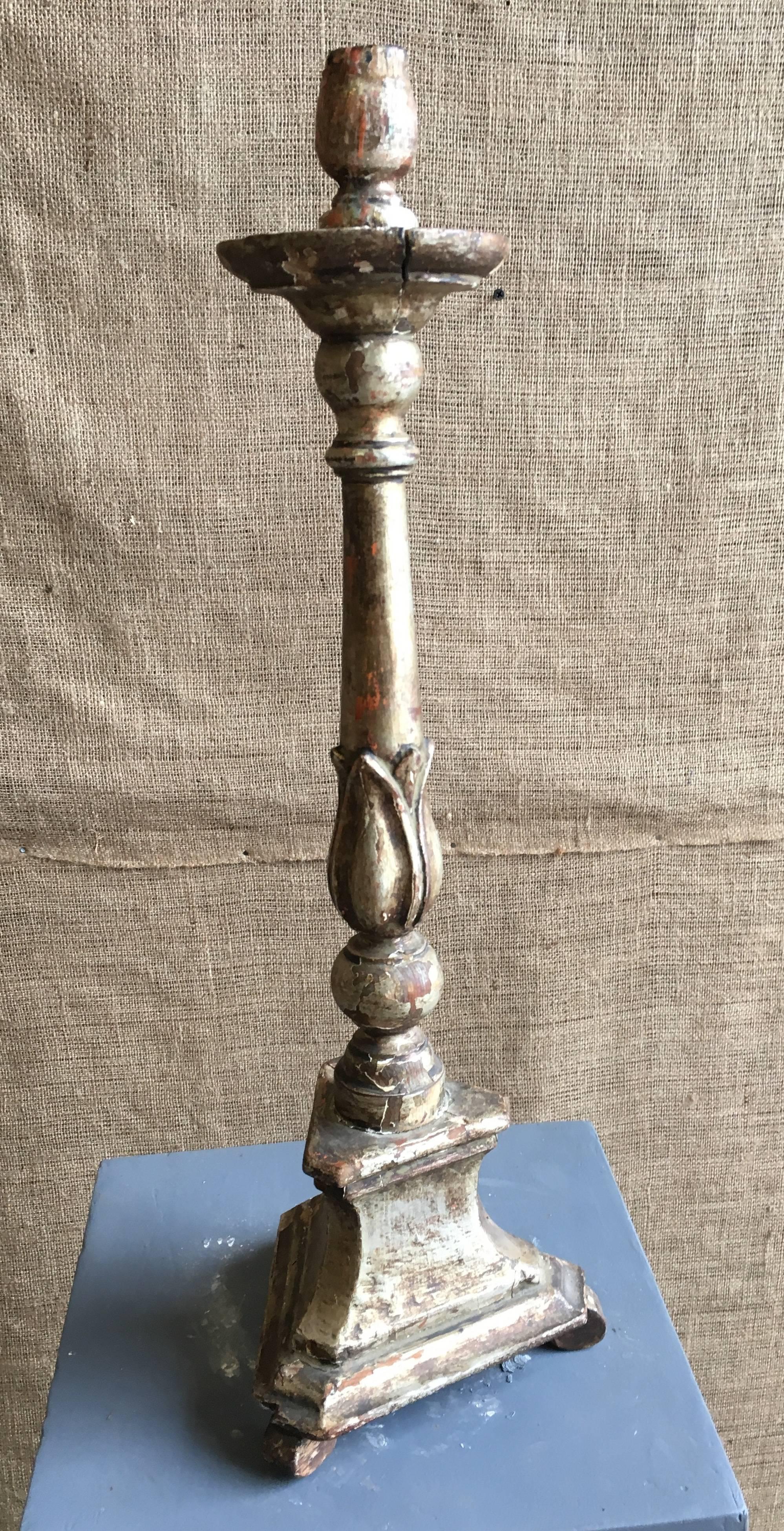 Italian Pair of 18th Century Silver Giltwood Candlesticks