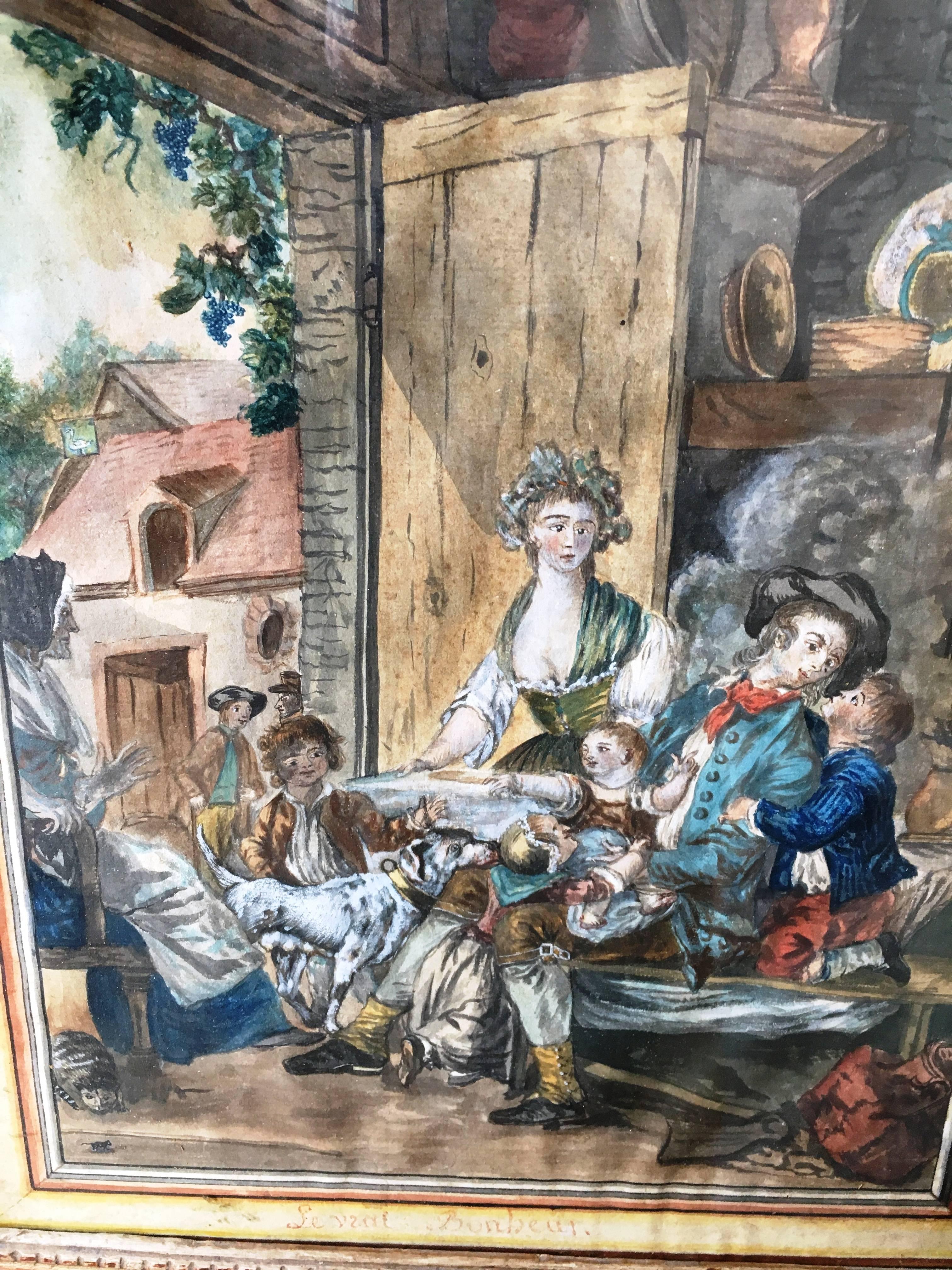 A charming 18th century gouache painting of a provincial interior showing a family with children and pets, under glass in a period giltwood frame.
Titled: Le Vrai Bonheur (True Happiness).