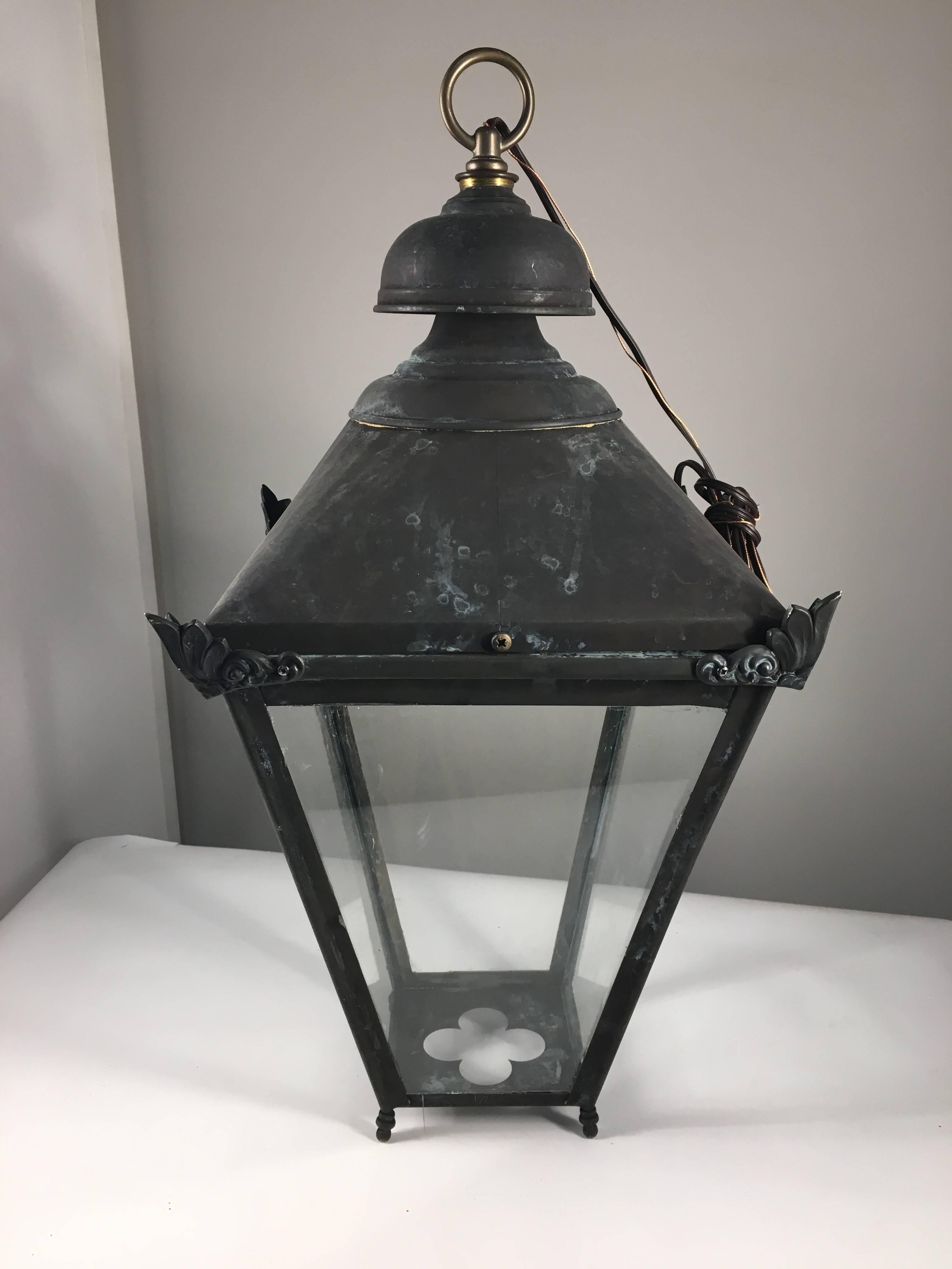 French Louis XVI Style Patinated Copper Hanging Hall Lantern In Excellent Condition In Doylestown, PA