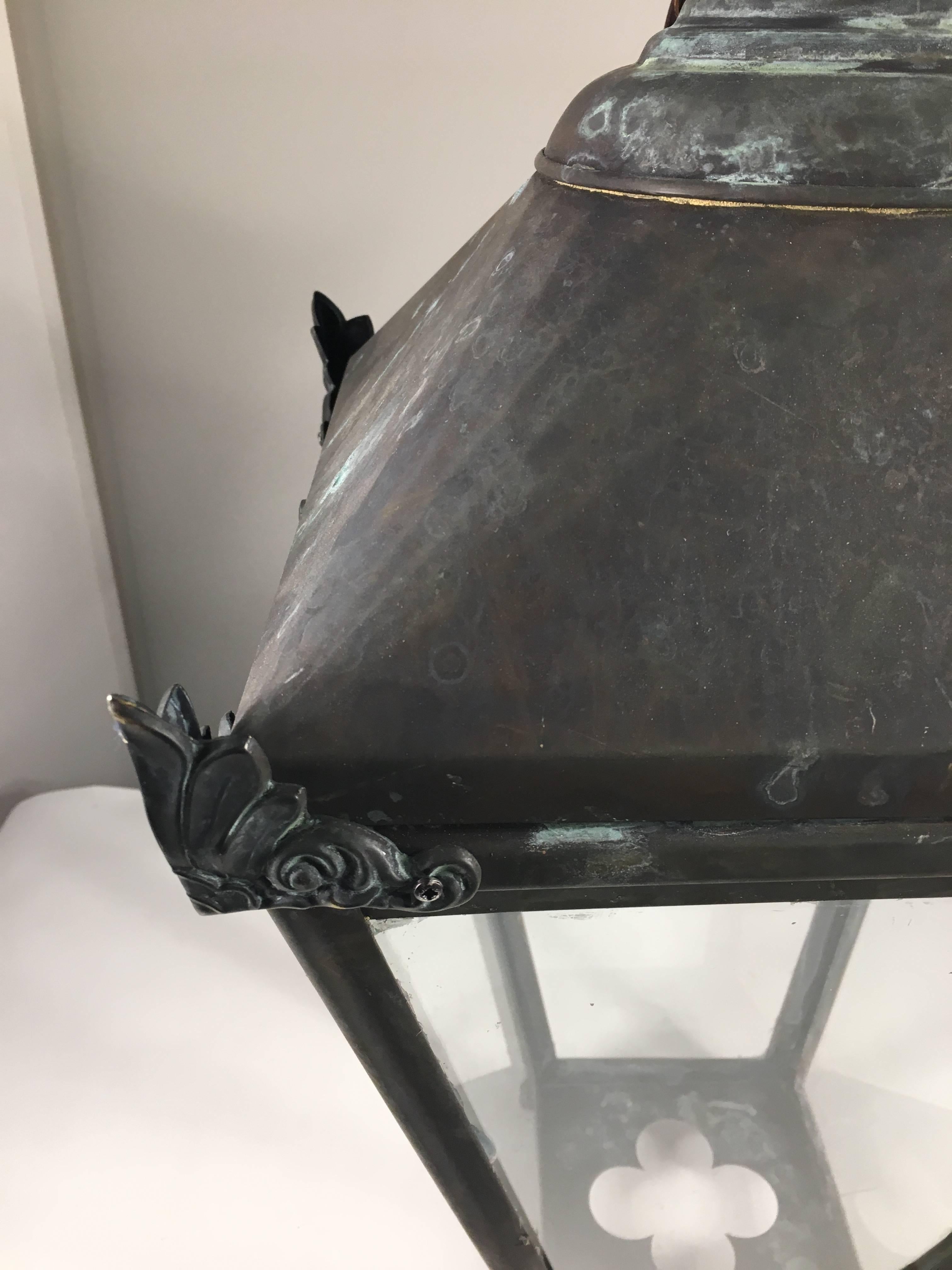 French Louis XVI Style Patinated Copper Hanging Hall Lantern 2