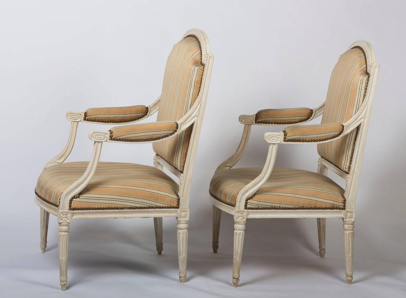 French Pair of Large Louis XVI Painted Fauteuils