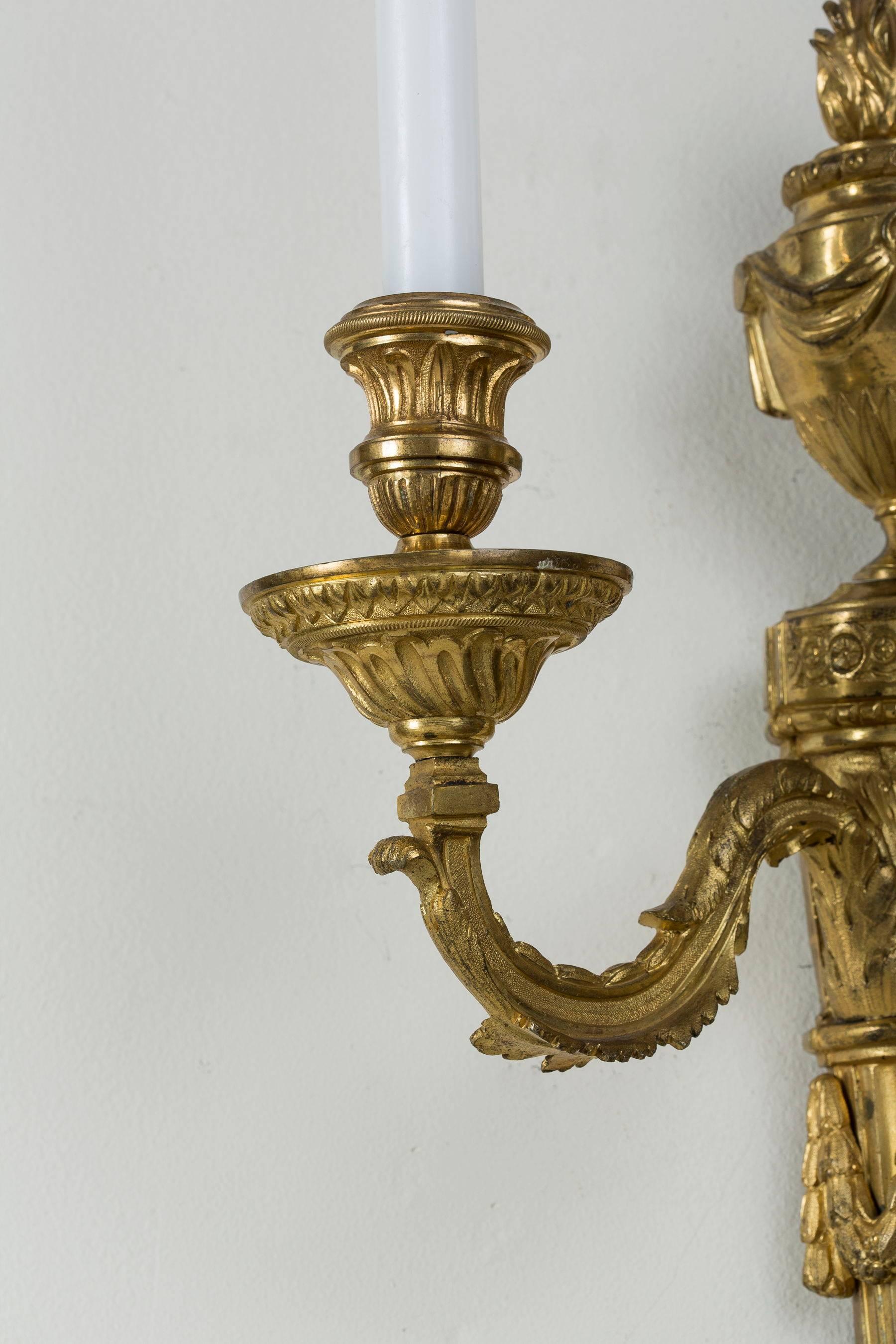 Pair of Louis XVI Gilt Bronze Two-Light Wall Lights In Excellent Condition For Sale In Kittery Point, ME