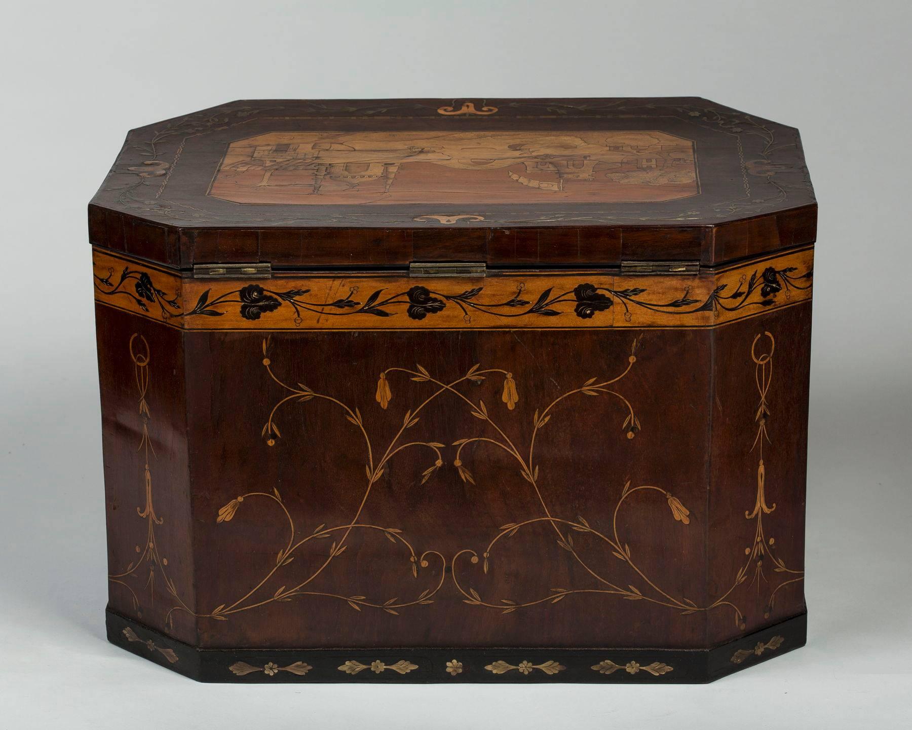English Large George III Brass and Fruitwood-Inlaid and Mahogany Storage Box For Sale