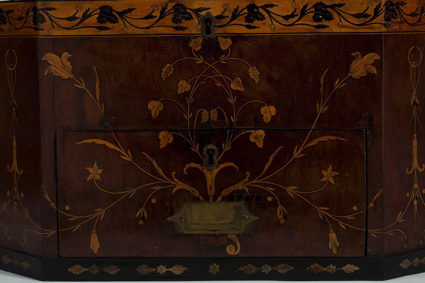 18th Century Large George III Brass and Fruitwood-Inlaid and Mahogany Storage Box For Sale