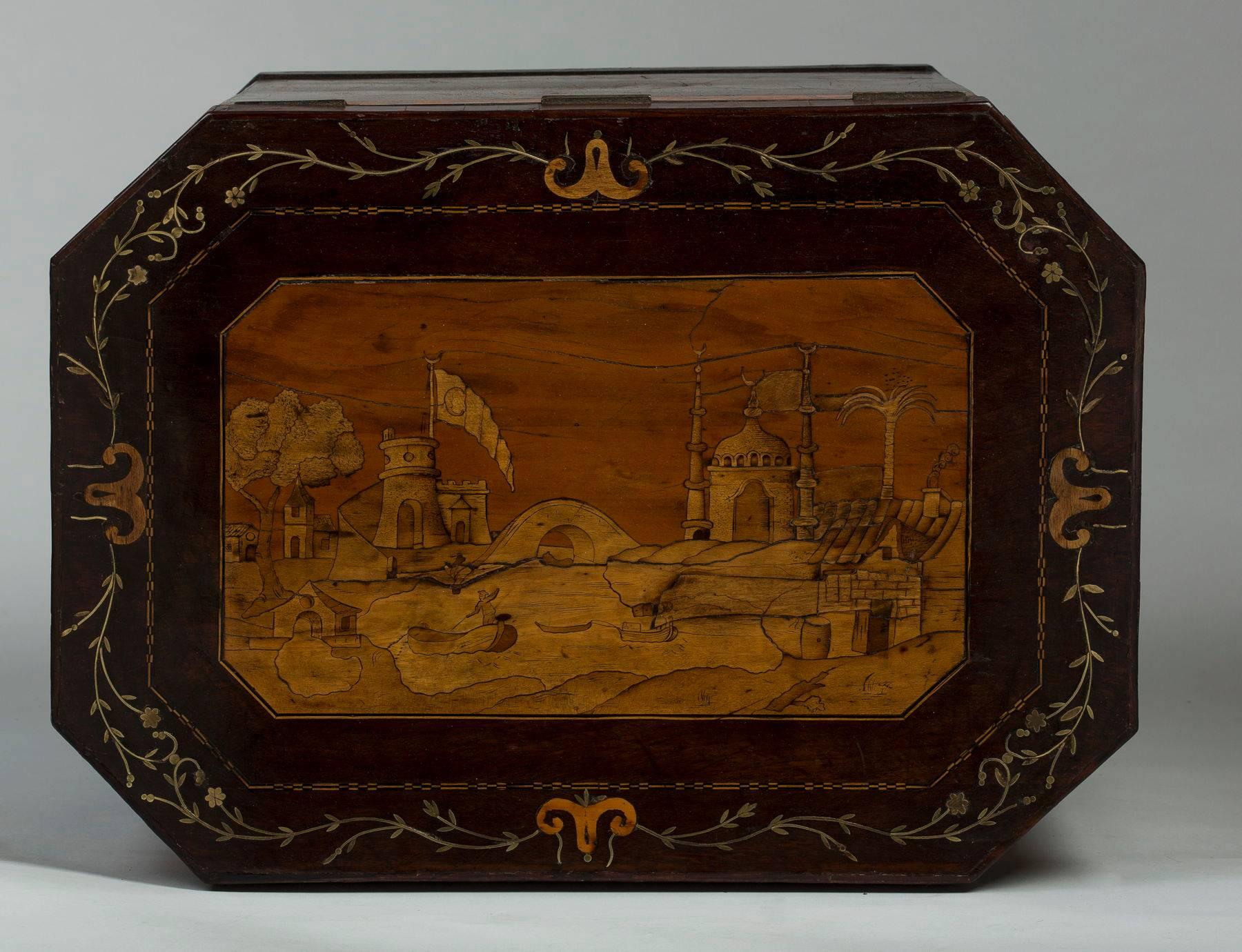 Large George III Brass and Fruitwood-Inlaid and Mahogany Storage Box For Sale 3