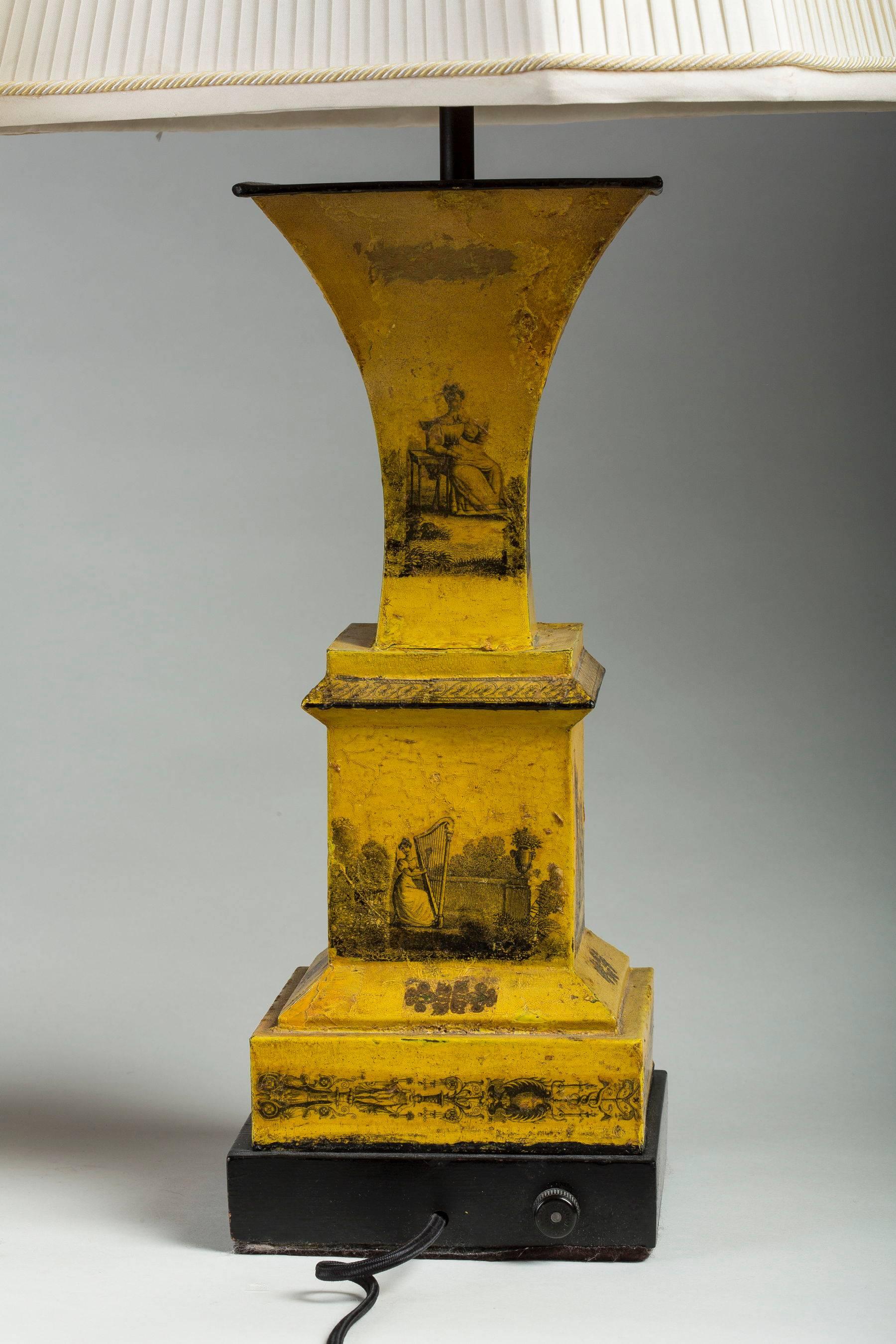 French Pair of Romantic Yellow Tole Urns Mounted as Lamps