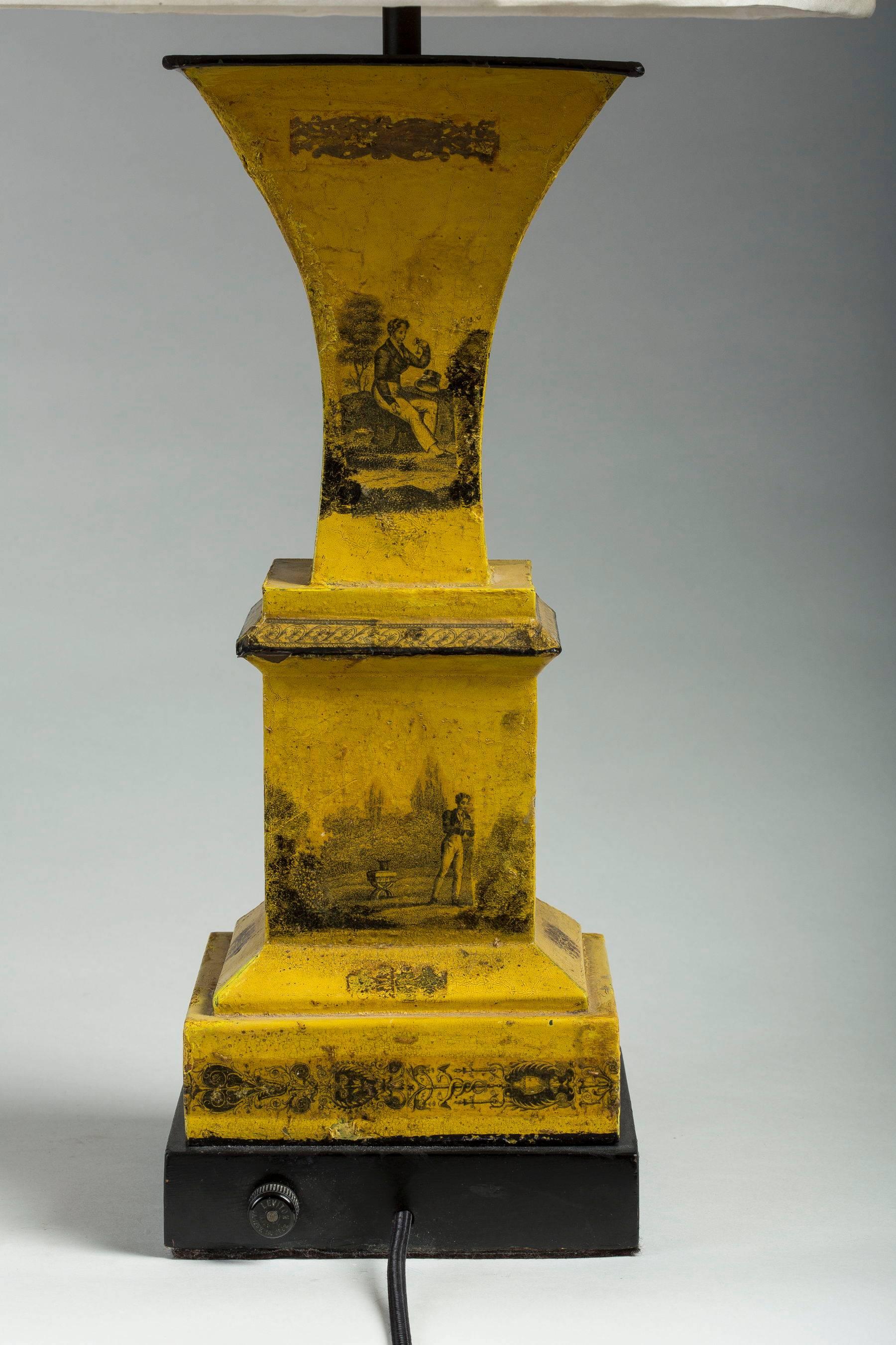 19th Century Pair of Romantic Yellow Tole Urns Mounted as Lamps