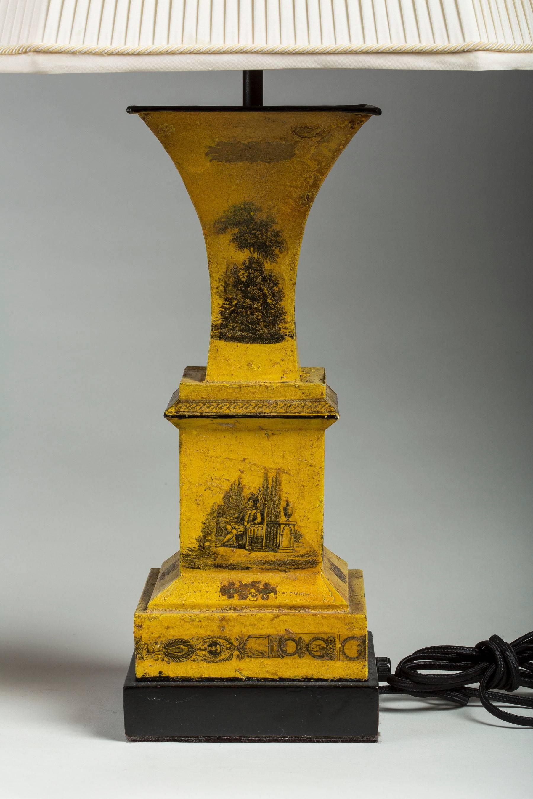 Pair of Romantic Yellow Tole Urns Mounted as Lamps In Good Condition In Kittery Point, ME