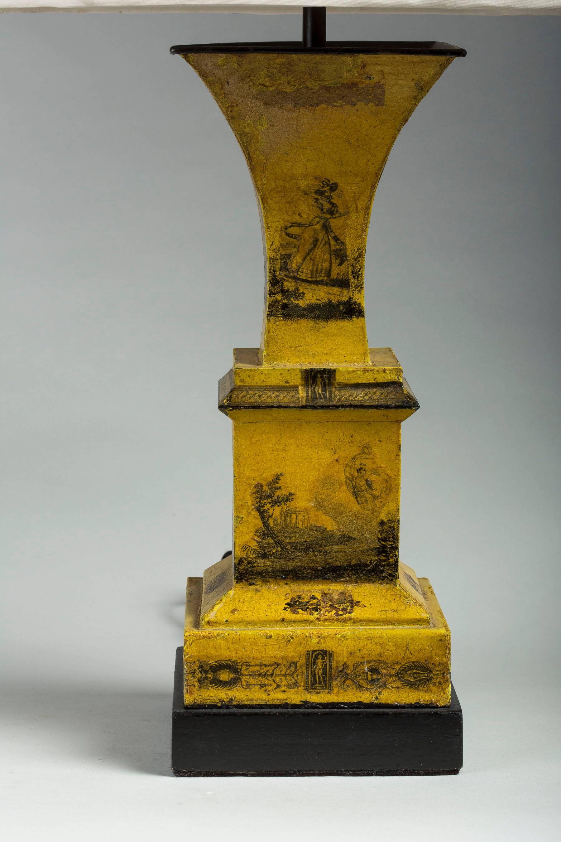 Tôle Pair of Romantic Yellow Tole Urns Mounted as Lamps For Sale