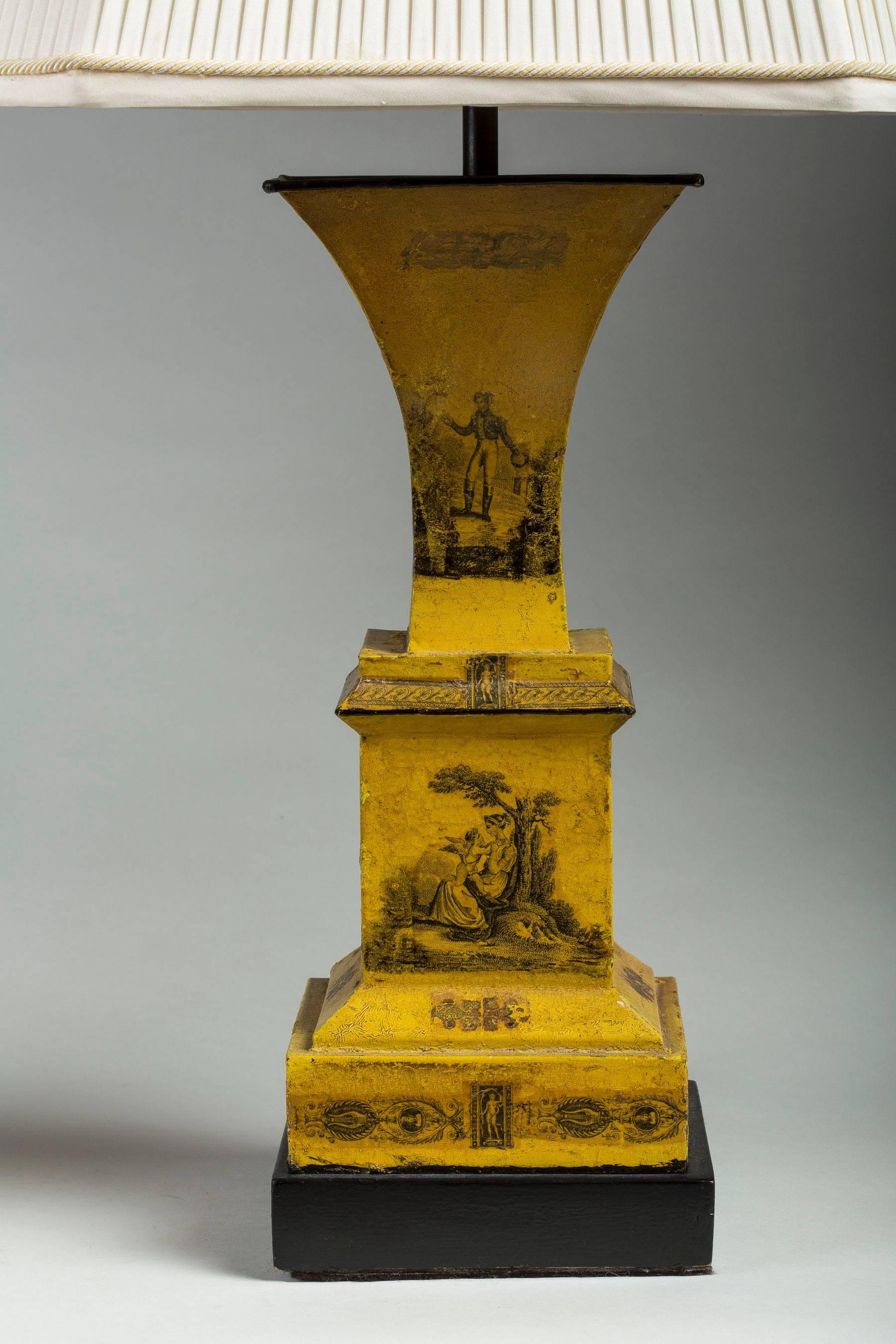 Pair of Romantic Yellow Tole Urns Mounted as Lamps 3