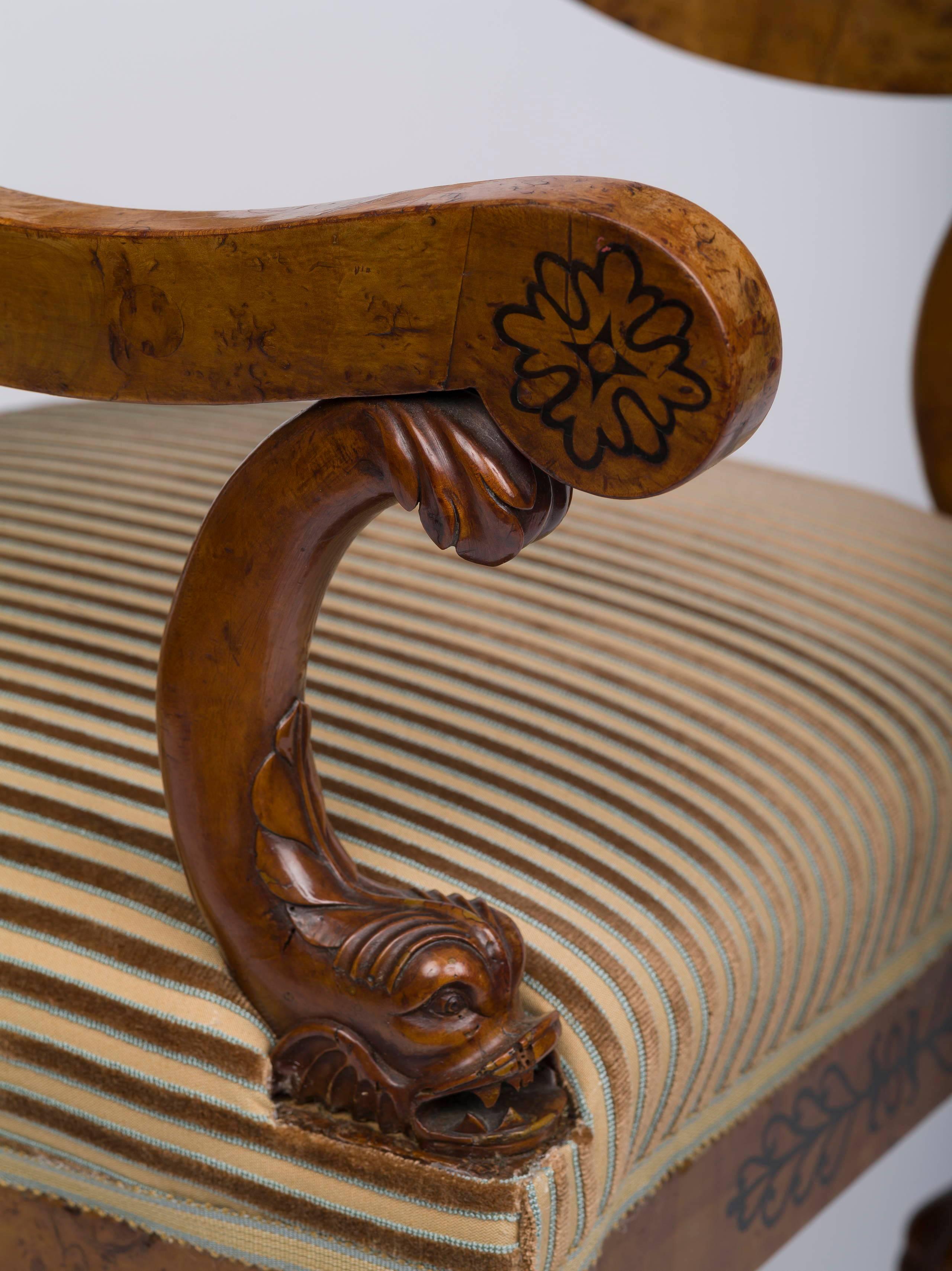 Paire de fauteuils Consulat en bois de bouleau incrusté d'ébène estampillés Jacob Frres Excellent état - En vente à Kittery Point, ME