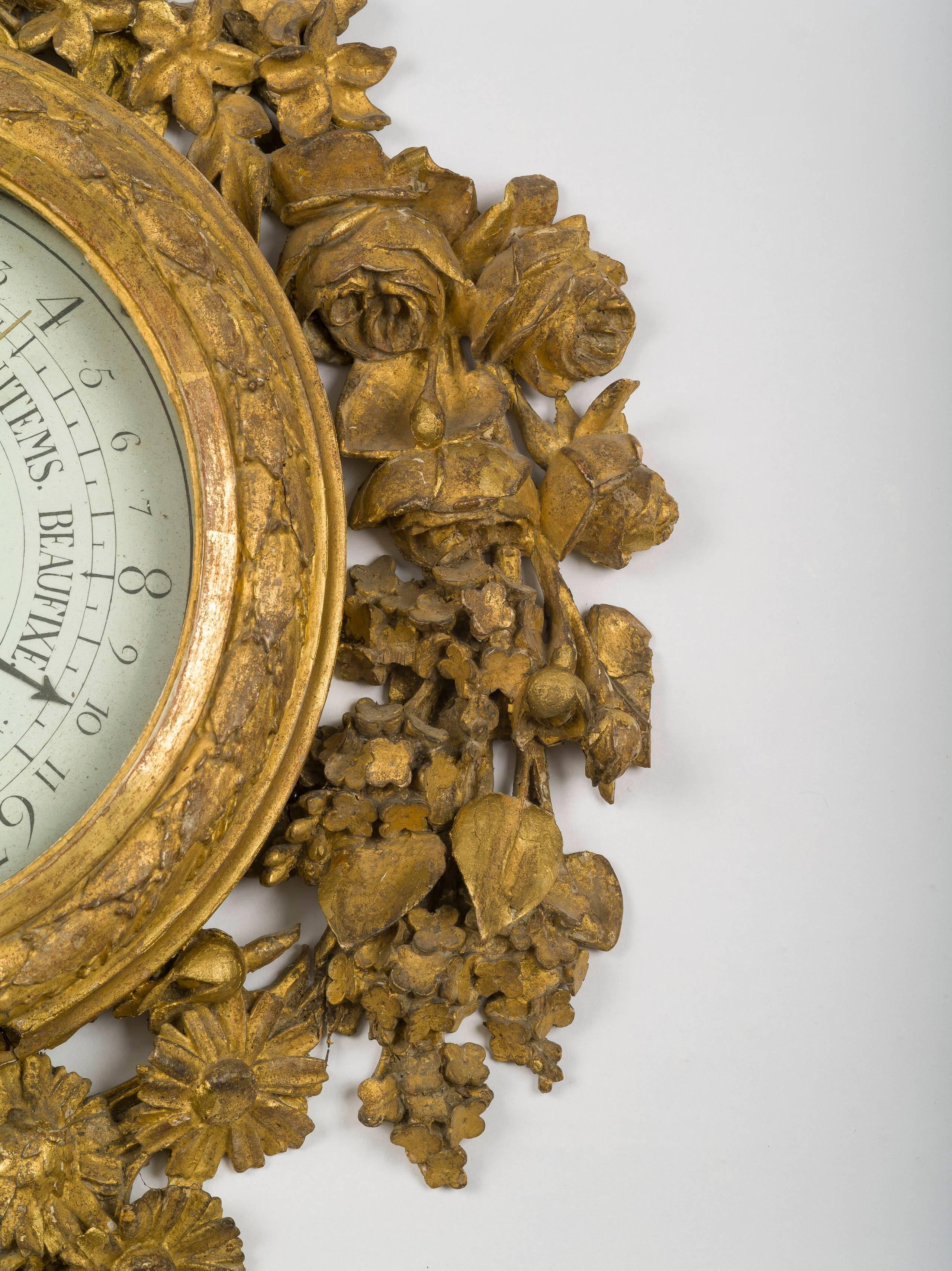 XVIIIe siècle Baromètre en bois doré Louis XVI en vente