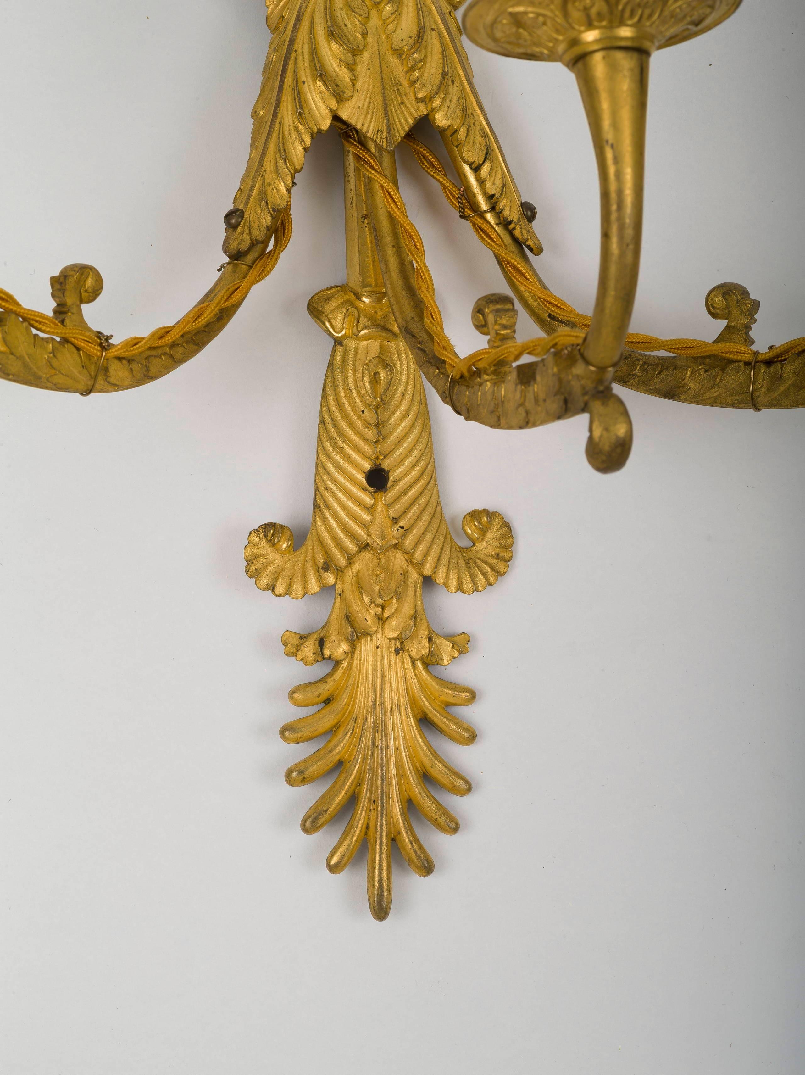 Set of Four Empire Ormolu Three-Light Wall Sconces, Attributed to Ravrio In Fair Condition For Sale In Kittery Point, ME