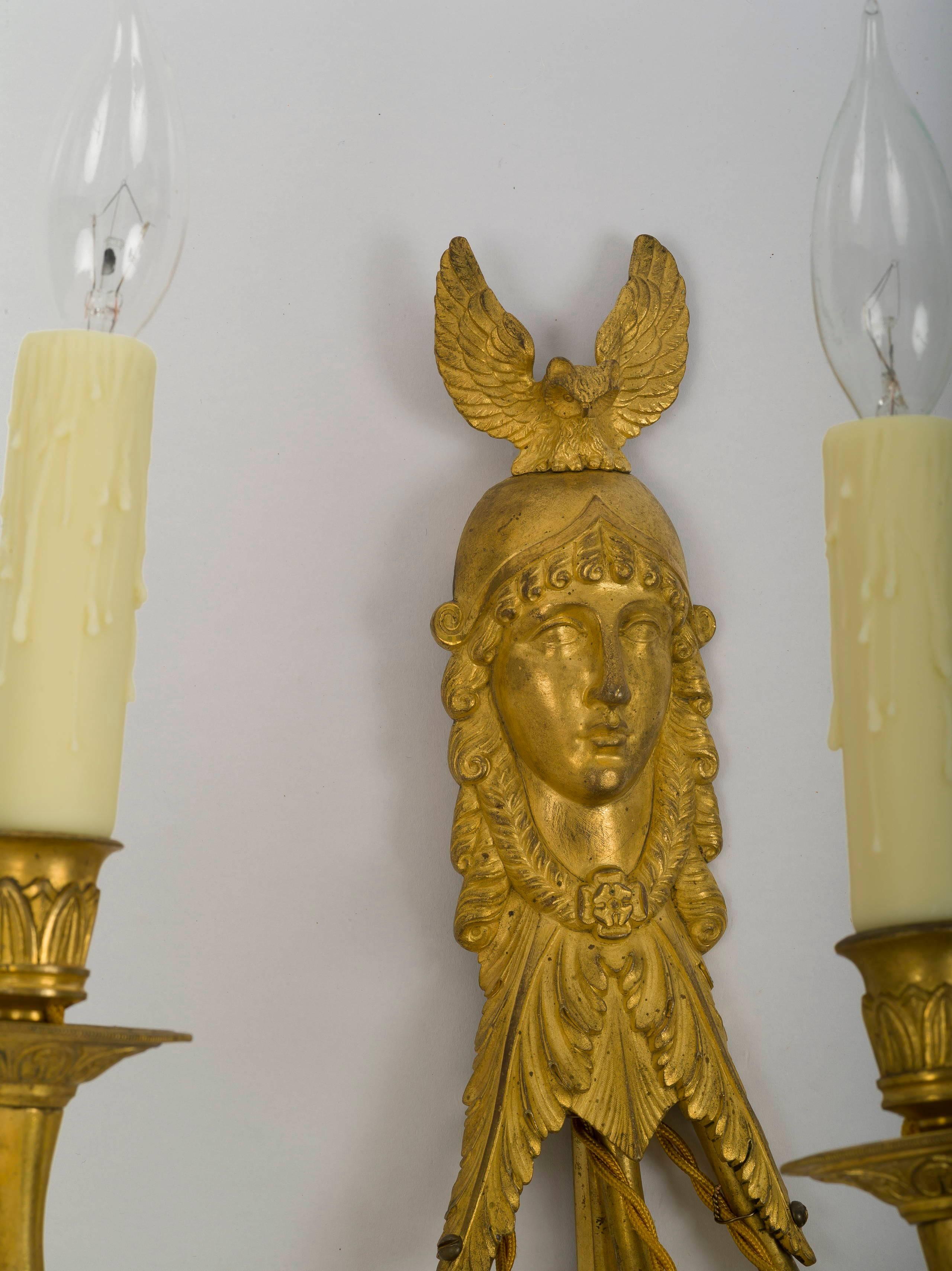 19th Century Set of Four Empire Ormolu Three-Light Wall Sconces, Attributed to Ravrio For Sale