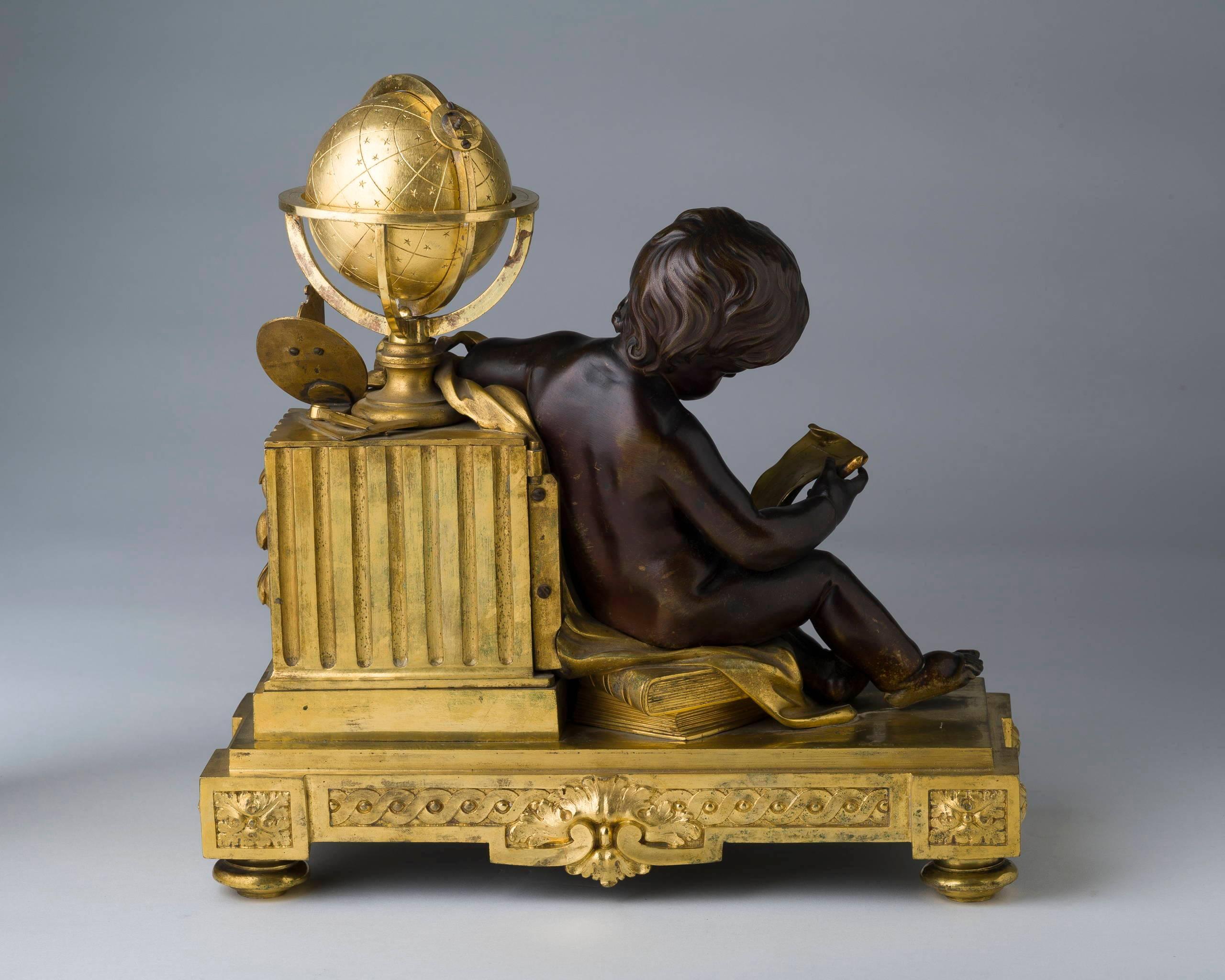 Depicting the personification of knowledge, on a plinth cast with molded guilloche and corner floral medallions, the clock decorated with symbols of knowledge and education, a patinated bronze putto sitting atop a stack of books, depicted studying