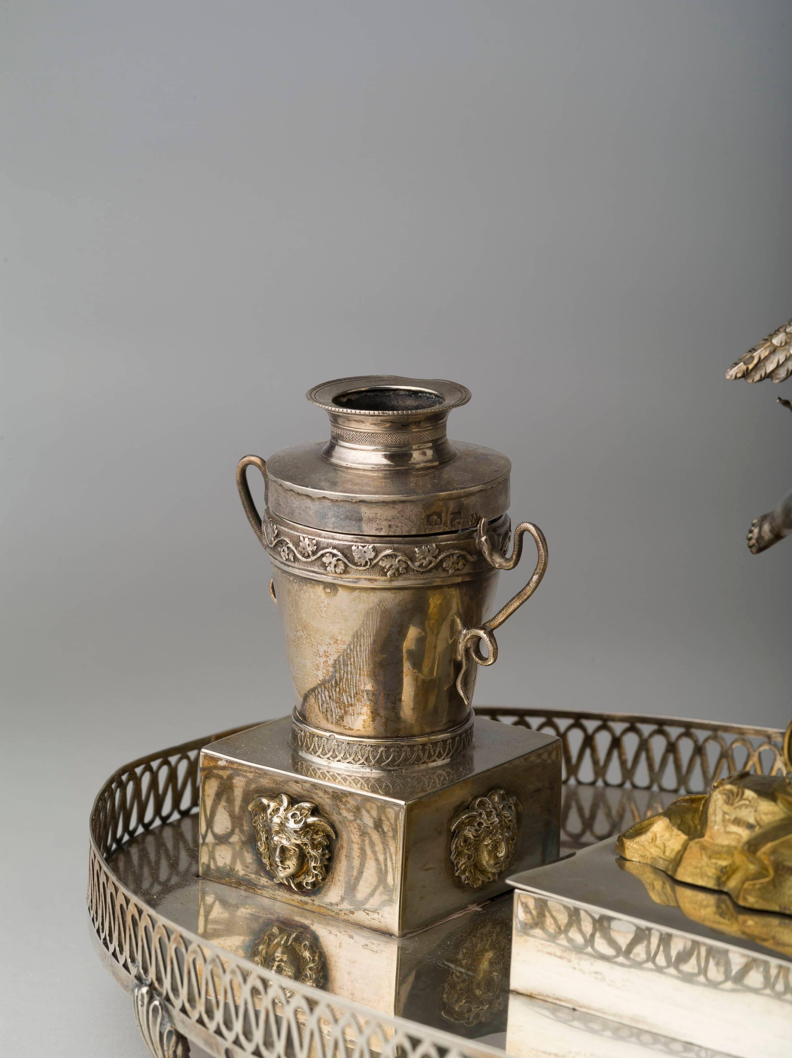 19th Century Italian Empire Silver and Silver Gilt Inkstand For Sale