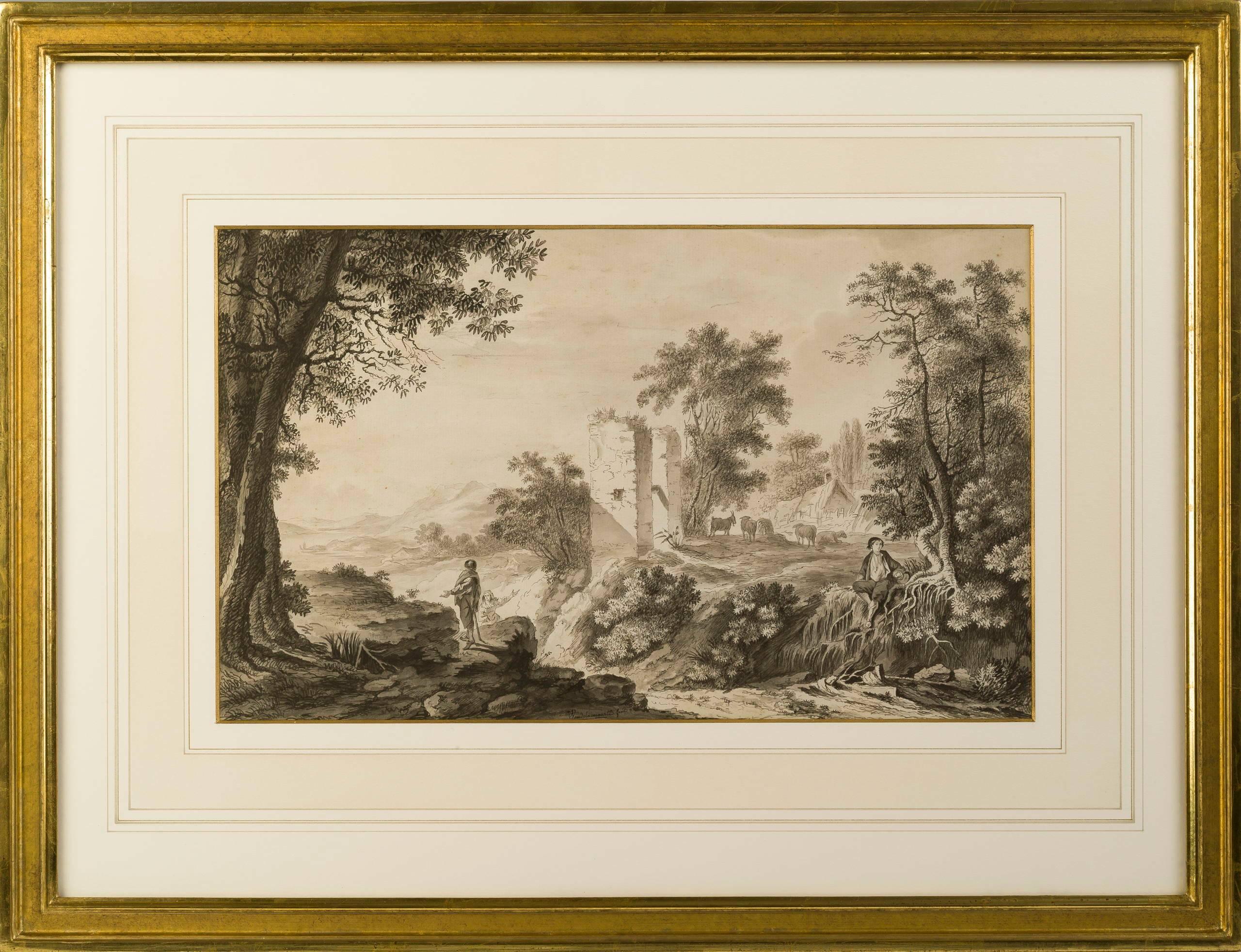 Depicting a pastoral scene and a hillside view. 
Ink on paper.
One is signed Waudelaincourt fecit
Antoine Hubert Wandelaincourt, French (1731-1819).
 