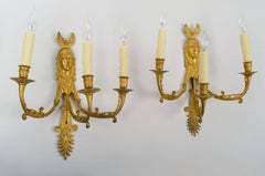 Set of Four Empire Ormolu Three-Light Wall Sconces, Attributed to Ravrio