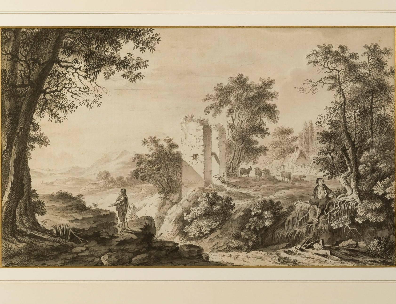 Paper Pair of Neoclassical Landscape Drawings, French School, Late 18th Century For Sale