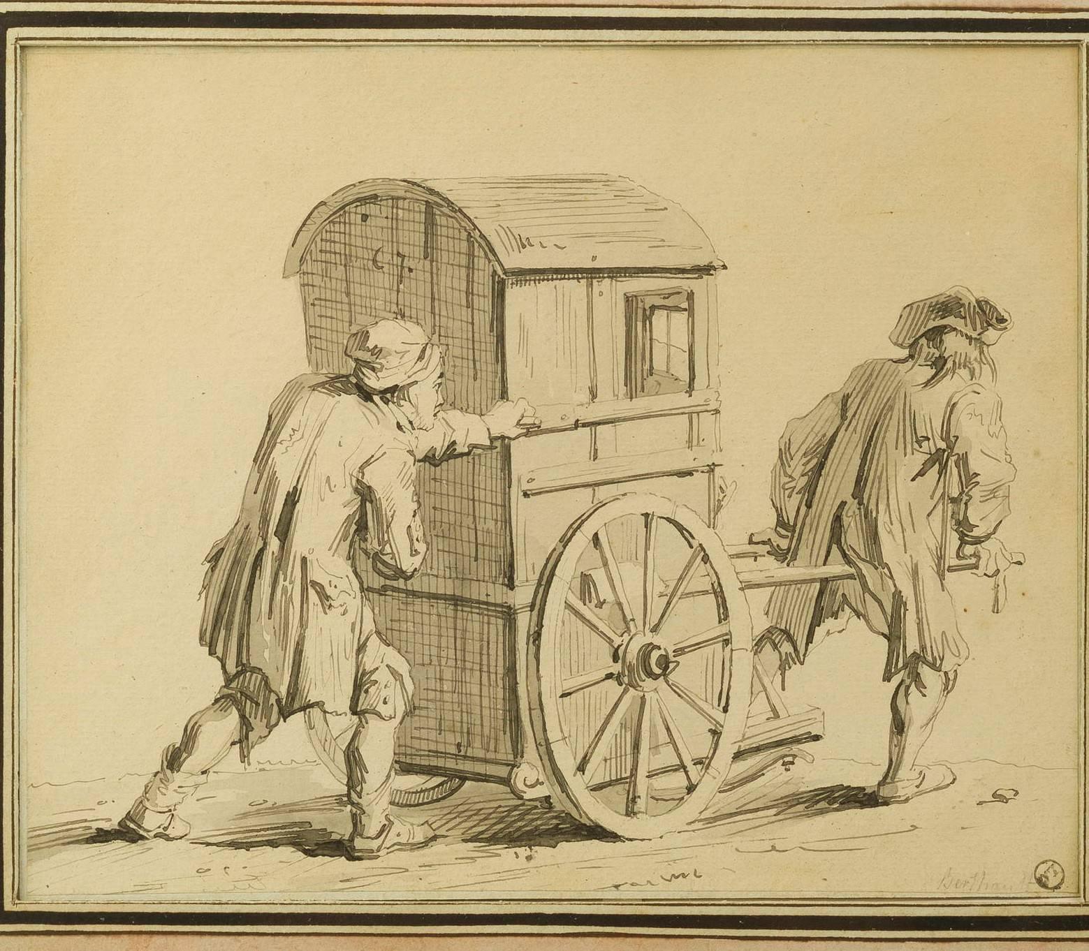 Due uomini con una cabina o una sedia Sedan, nello stile di Touzé.
Reca il timbro di un collezionista (forse il marchio a forma di occhio di Nathaniel Hone) e l'iscrizione indistinta (lr)
Inchiostro nero e lavaggio grigio su carta
Uno degli unici